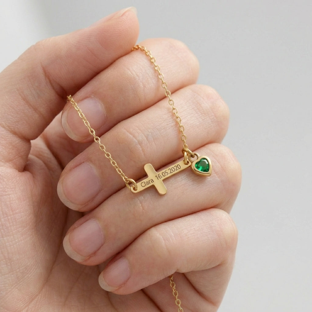 Personalisiertes Kreuzarmband mit herzförmigem Geburtsstein Kinder Armband VIVIANNASCHMUCK