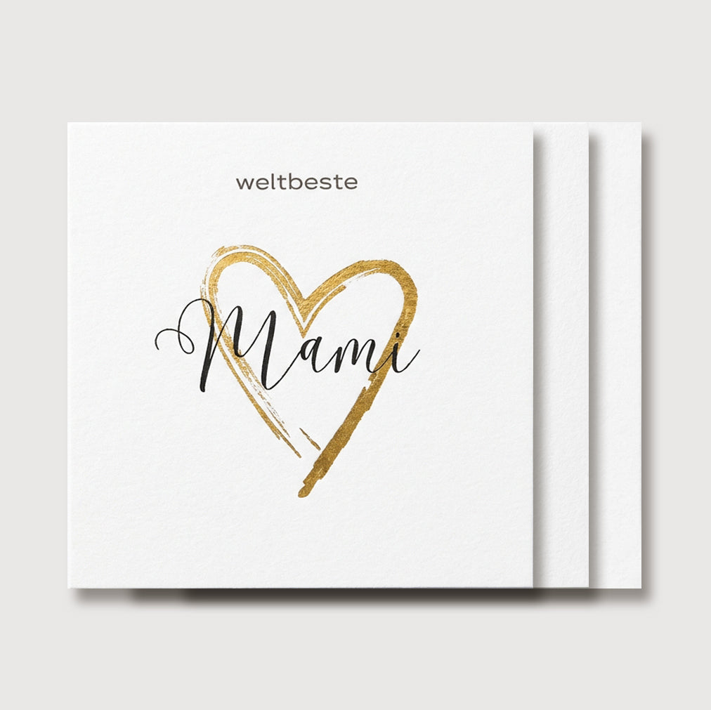 Grußkarte für Mama „weltbeste Mami“ mit goldenem Herz-Schriftzug, leicht schräg fotografiert