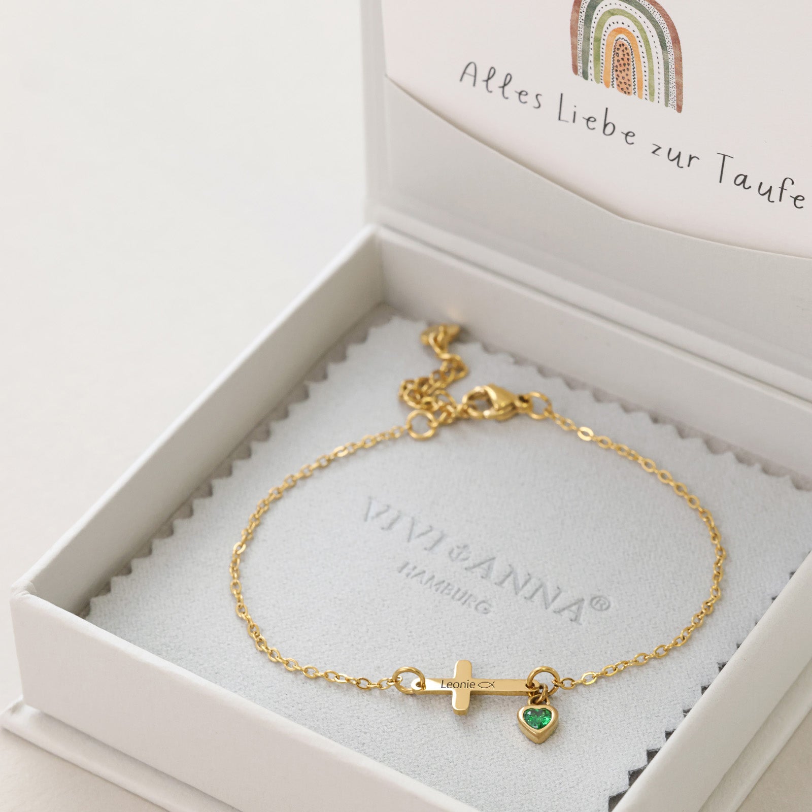 Kreuz Armband mit Zirkonia Geburtsstein - Geschenk zur Taufe mit Karte Kinder Armband VIVIANNASCHMUCK