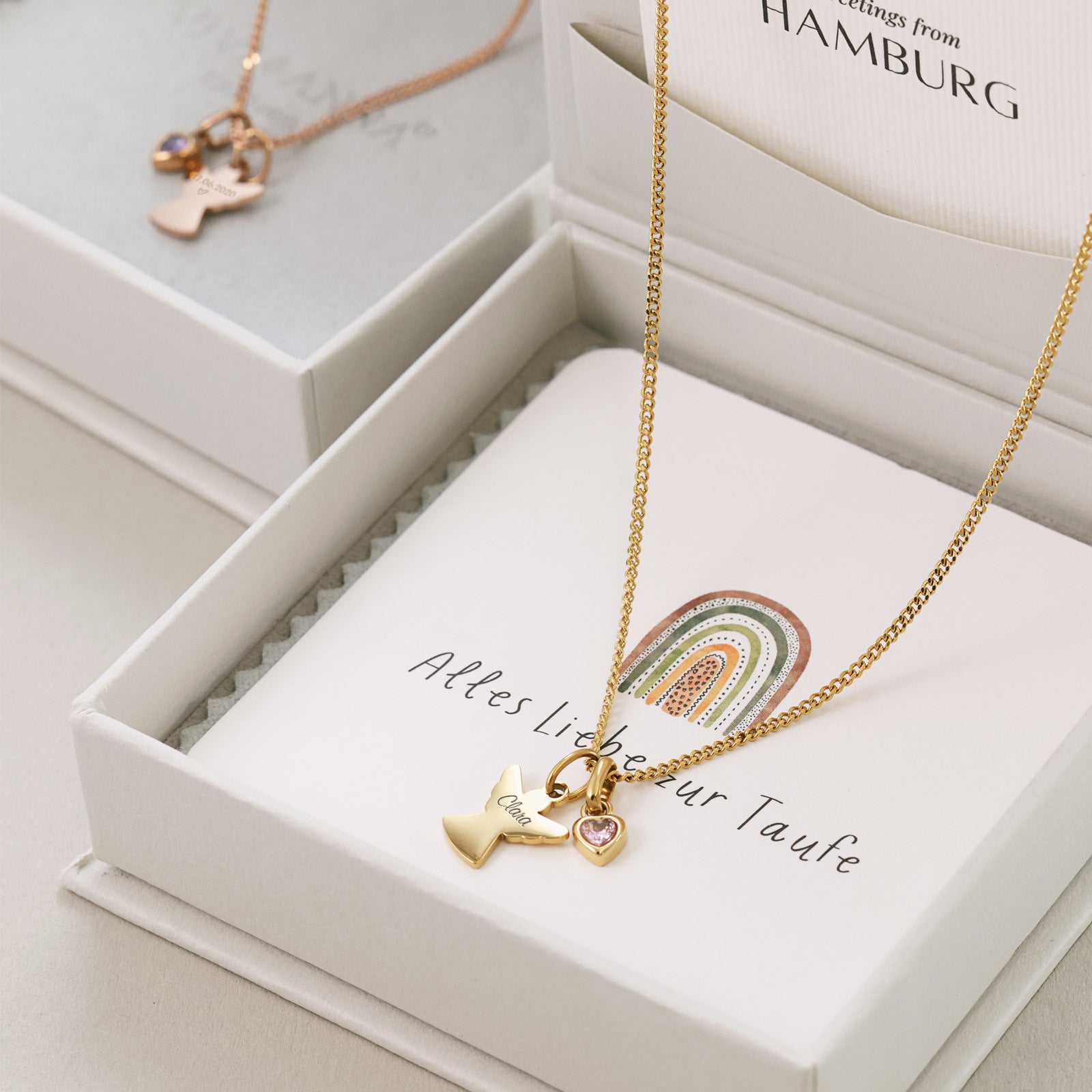 Schutzengel-Kette mit Herz Geburtsstein - Geschenk zur Taufe mit Karte Kinder Halsketten VIVIANNASCHMUCK