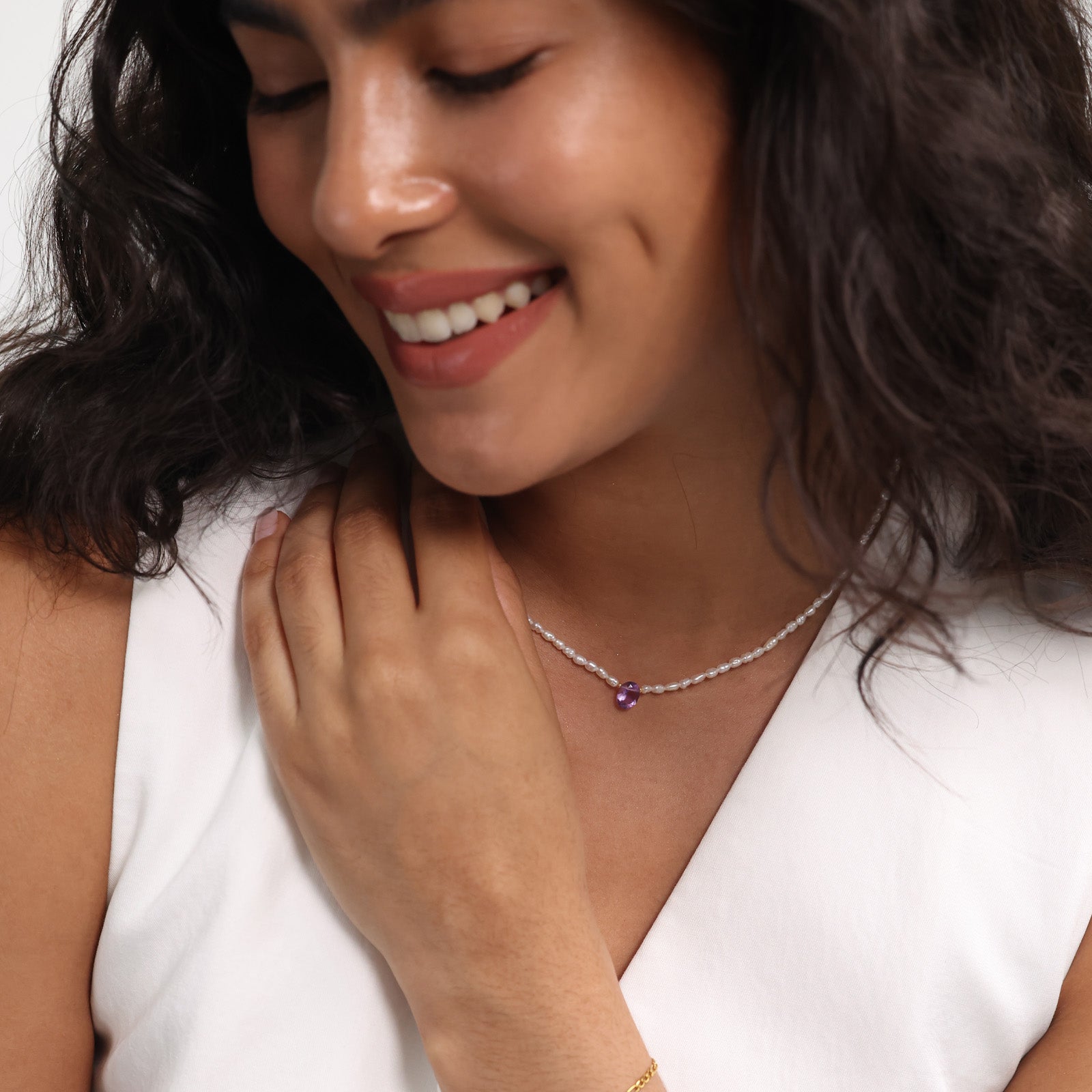 Halskette mit ovalem Amethyst & Süßwasserperlen - 925 Sterling Silber