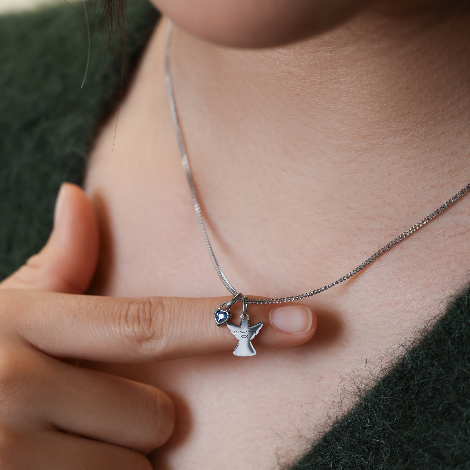 Guardian Angel Necklace with Heart Birthstone - Baptism Gift with Card