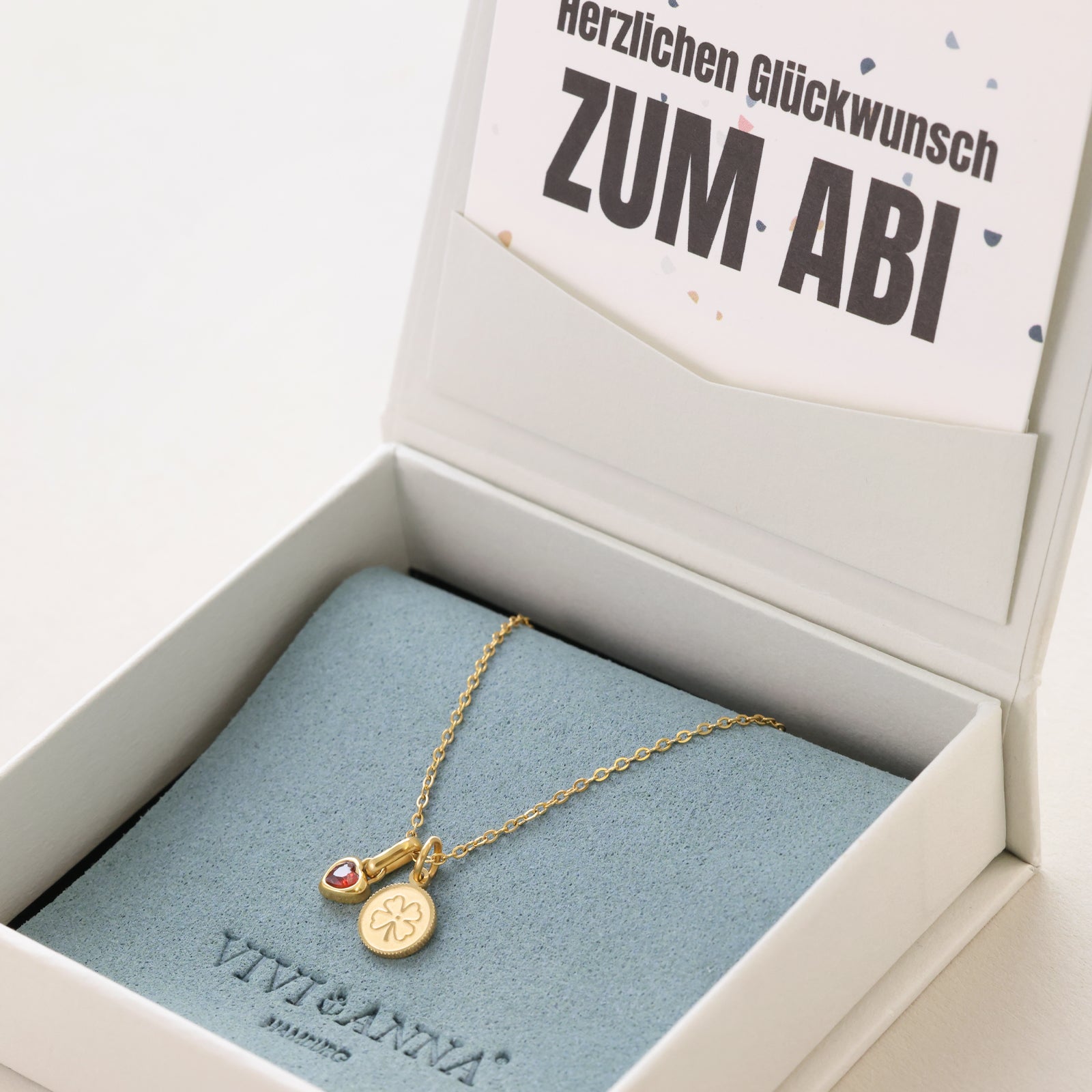 Kleeblatt Halskette mit Geburtsstein und Gravur - Geschenk zum Abitur mit Karte Damen Halskette VIVIANNASCHMUCK