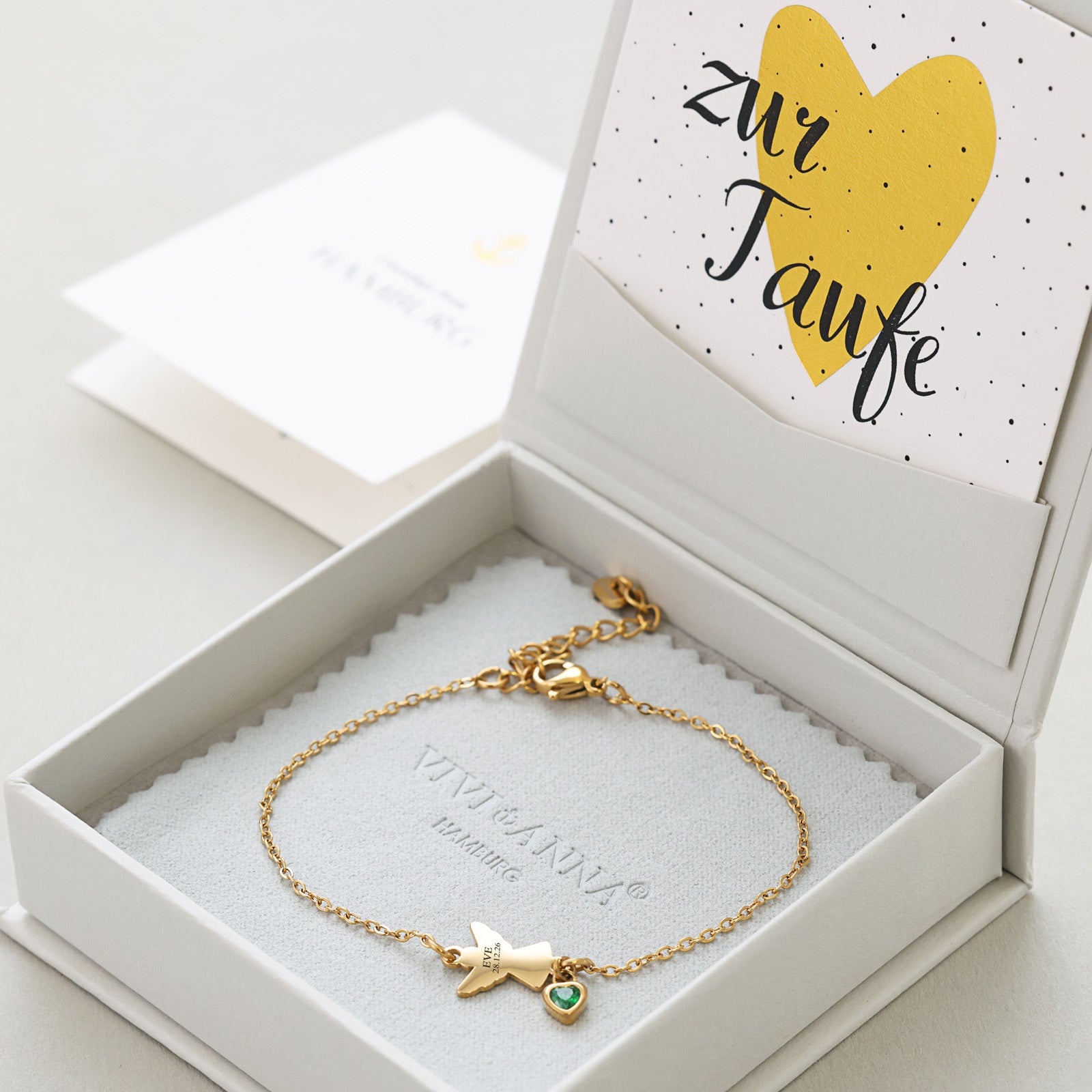 Engel Armband mit Zirkonia Geburtsstein - Geschenk zur Taufe mit Karte Kinder Armband VIVIANNASCHMUCK