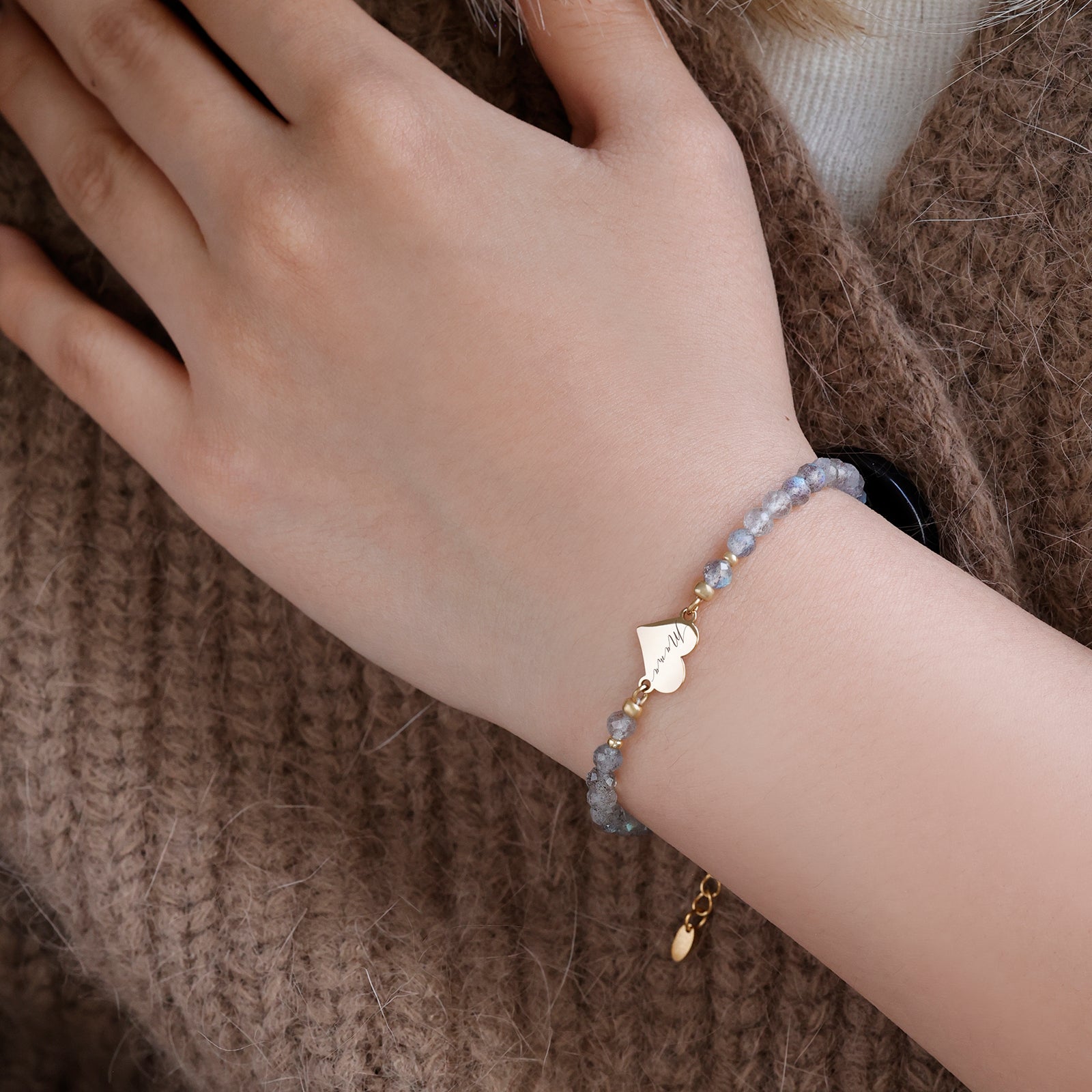 Labradorite bracelet with heart pendant - gift for mom with card