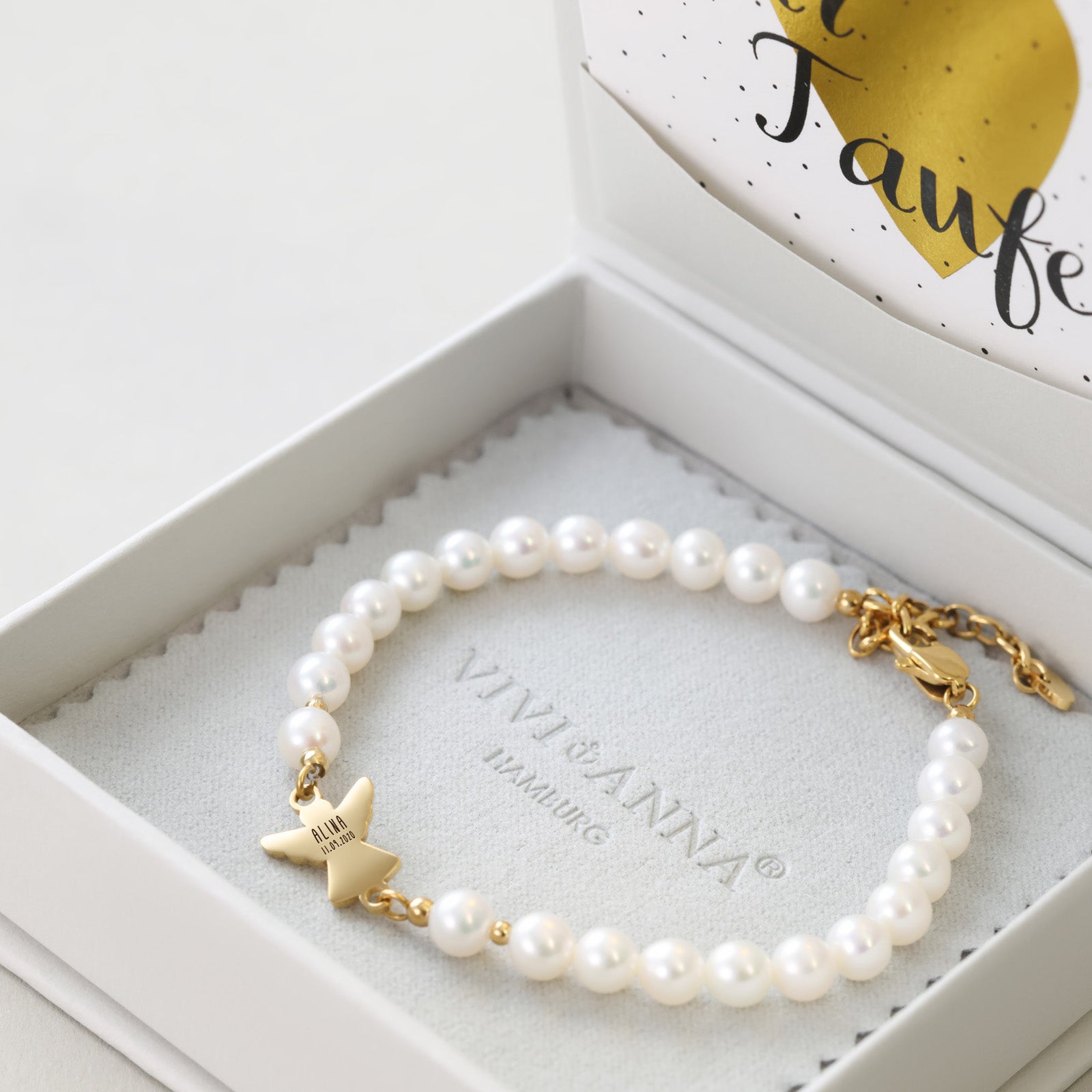 Perlenarmband mit Engel - Geschenk zur Taufe mit Karte Kinder Armband VIVIANNASCHMUCK