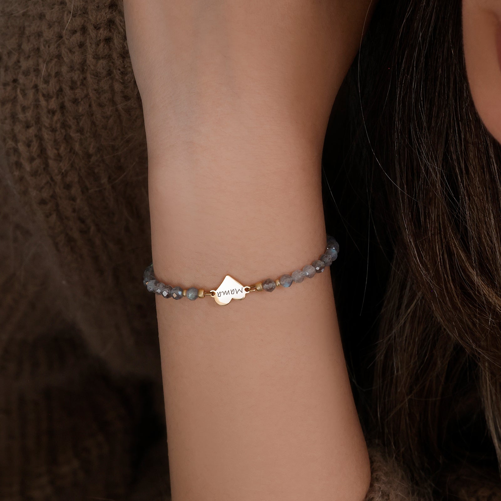 Labradorit Armband mit Herzanhänger - Geschenk für Mama mit Karte