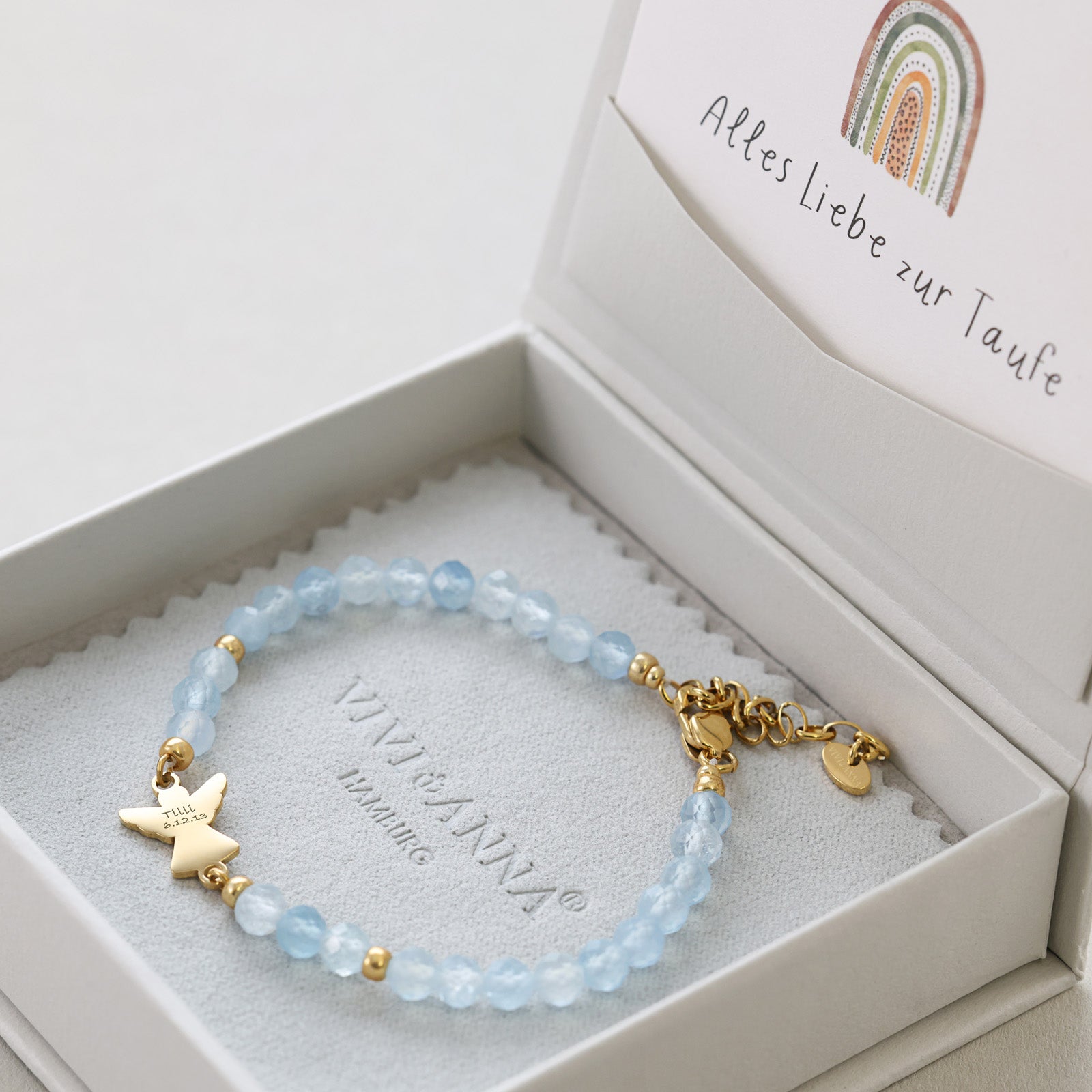 Aquamarin Armband mit Engelanhänger - Geschenk zur Taufe mit Karte Kinder Armband VIVIANNASCHMUCK