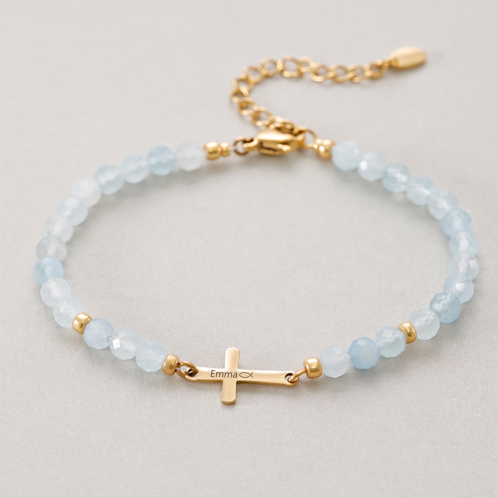 Aquamarin Kreuz Armband - Geschenk zur Kommunion mit Karte Damen Armband VIVIANNASCHMUCK