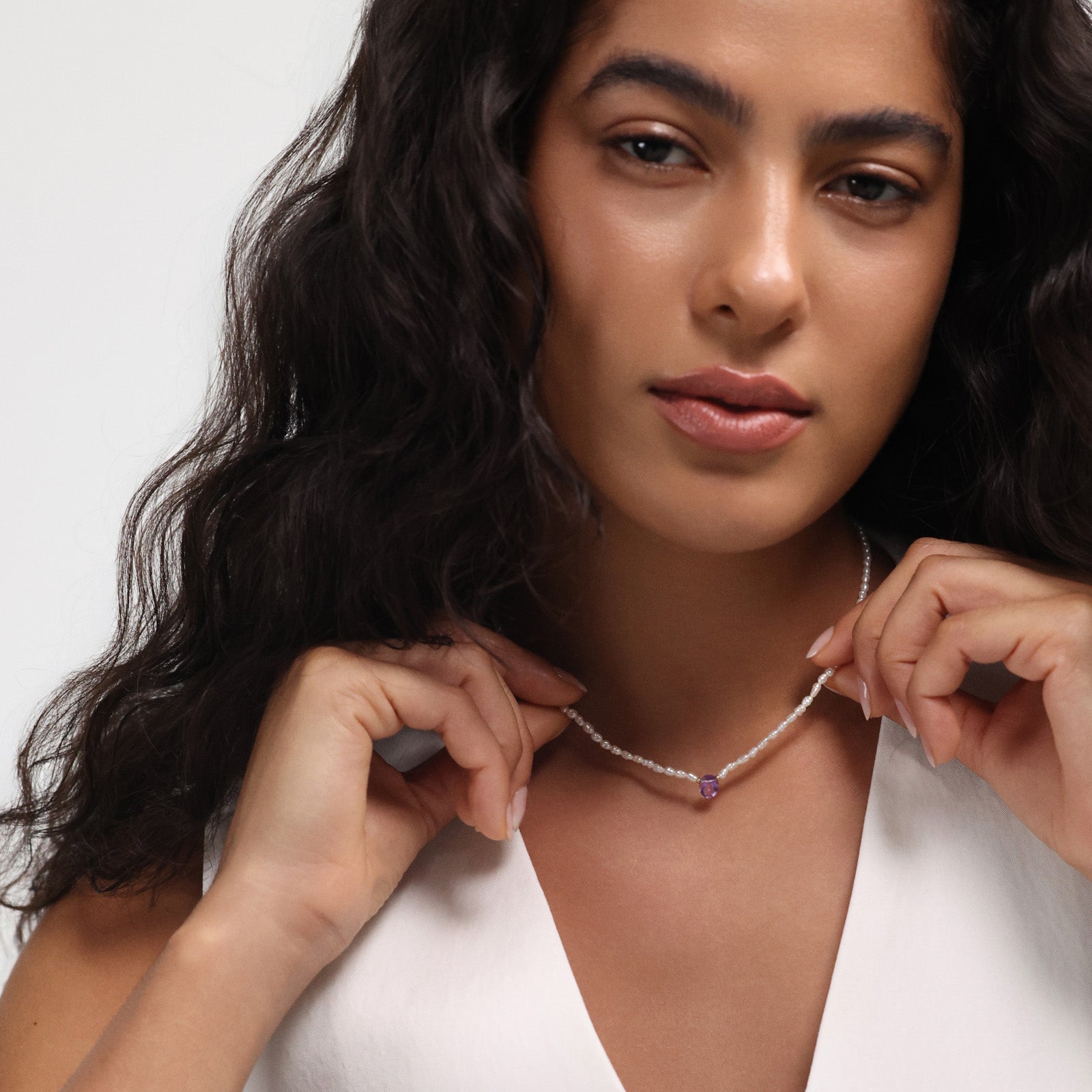 Halskette mit ovalem Amethyst & Süßwasserperlen - 925 Sterling Silber