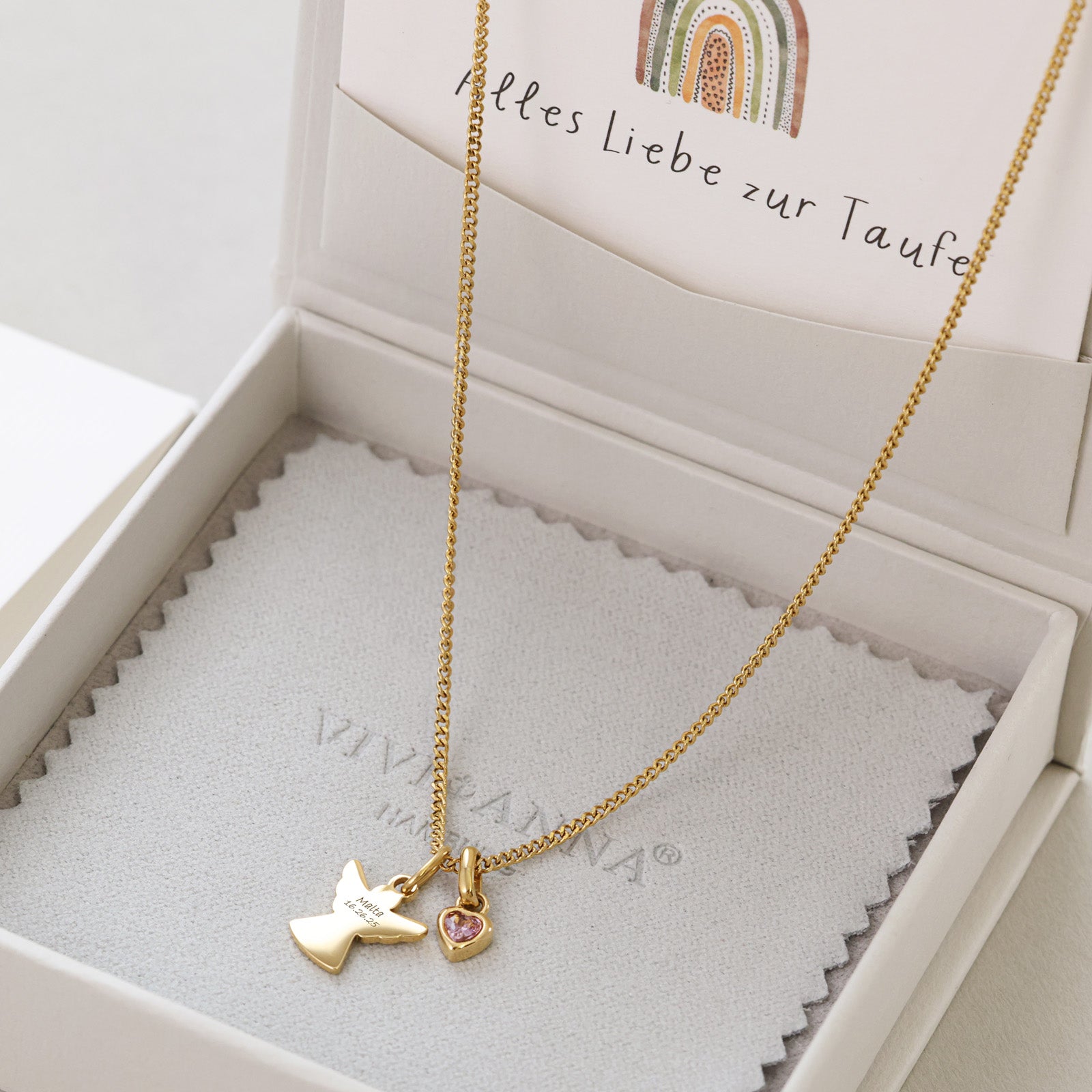 Schutzengel-Kette mit Herz Geburtsstein - Geschenk zur Taufe mit Karte Kinder Halsketten VIVIANNASCHMUCK