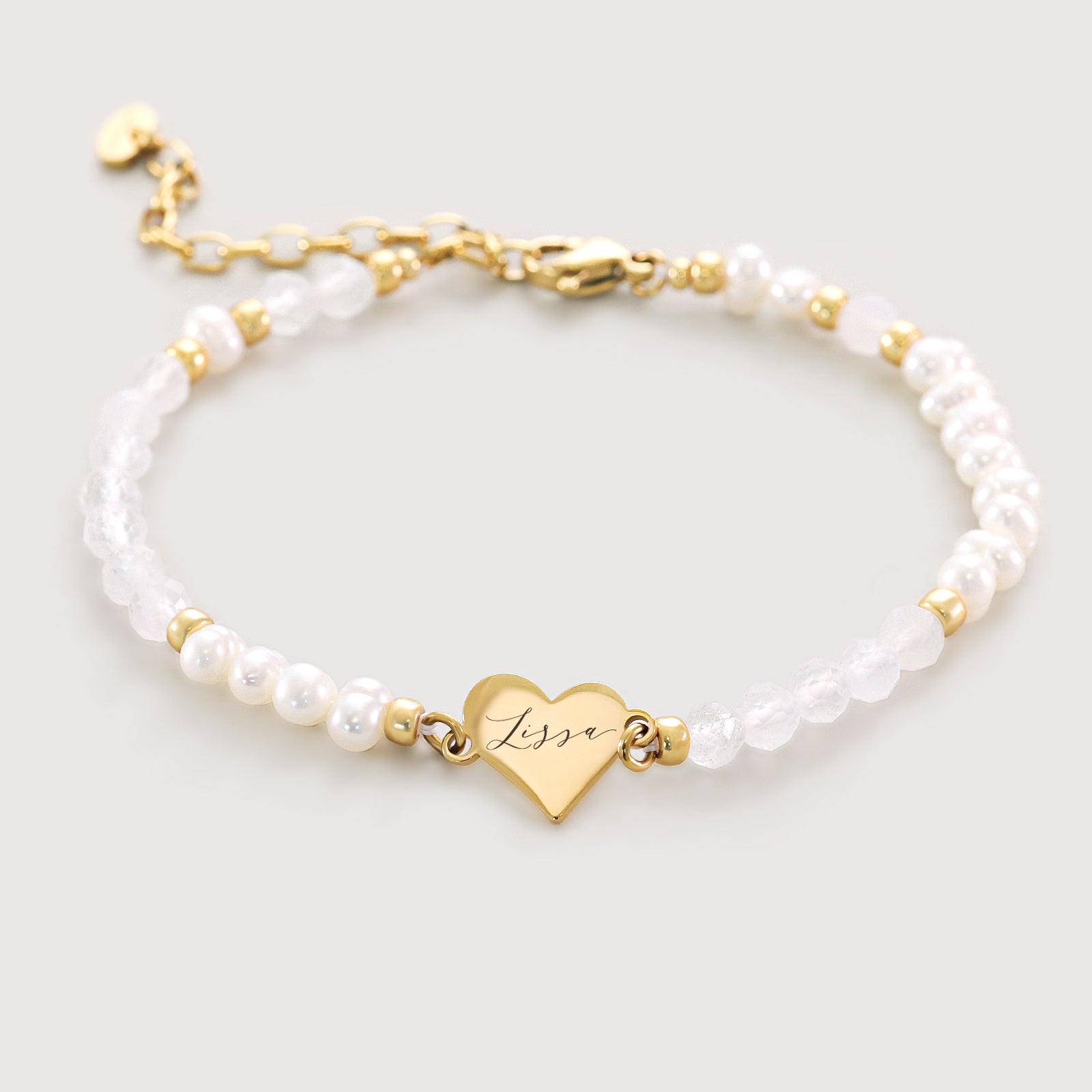 Süßwasserperlen & Mondstein Herz-Armband mit Gravur