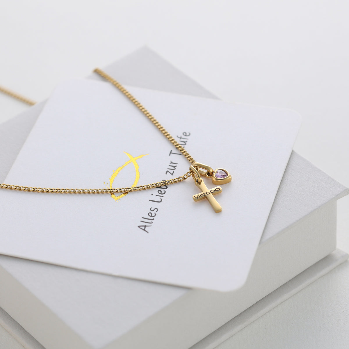 Christening Necklace with Cross & Birthstone – for Girls, with Card