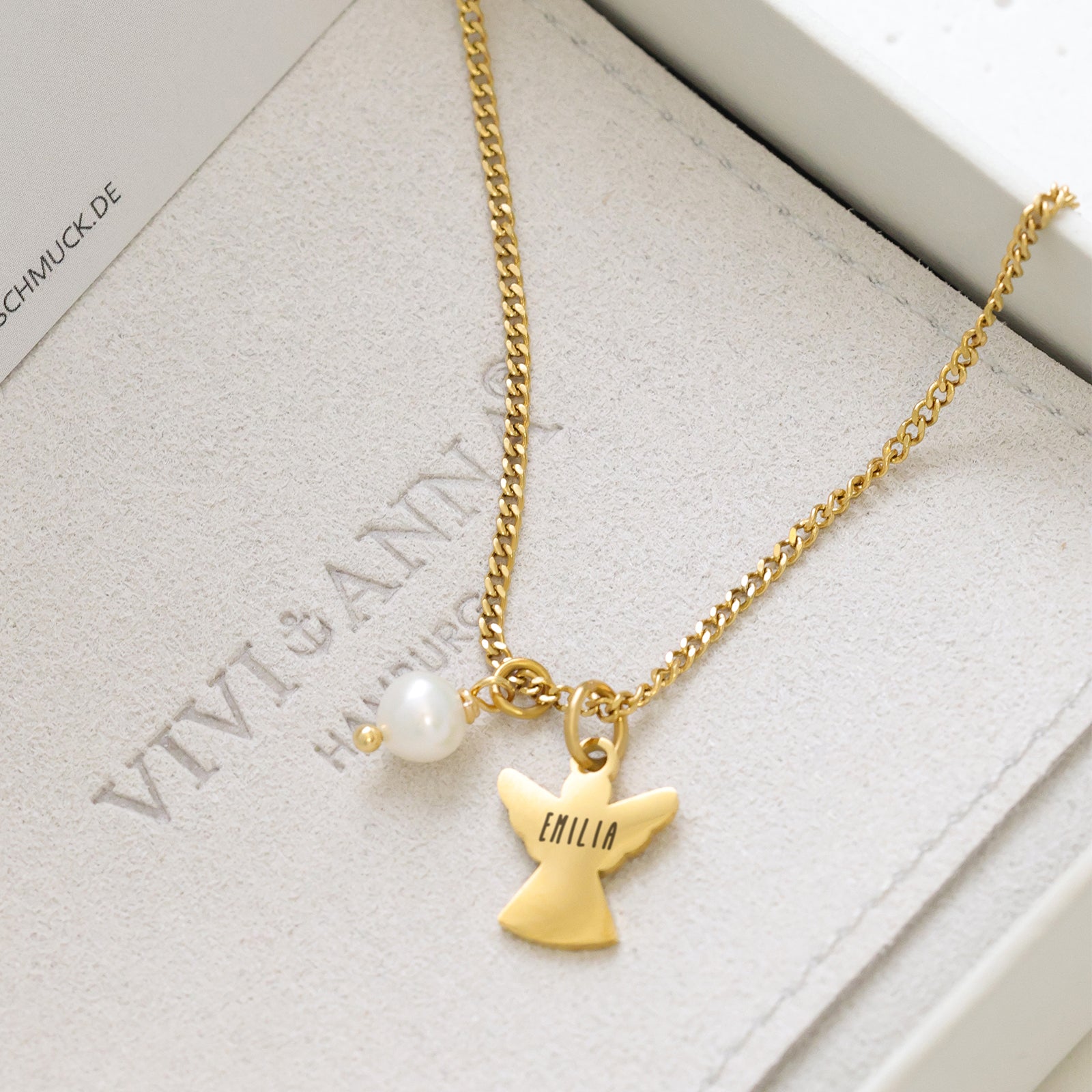 Schutzengel Perlenkette mit Gravur Damen Halskette VIVIANNASCHMUCK