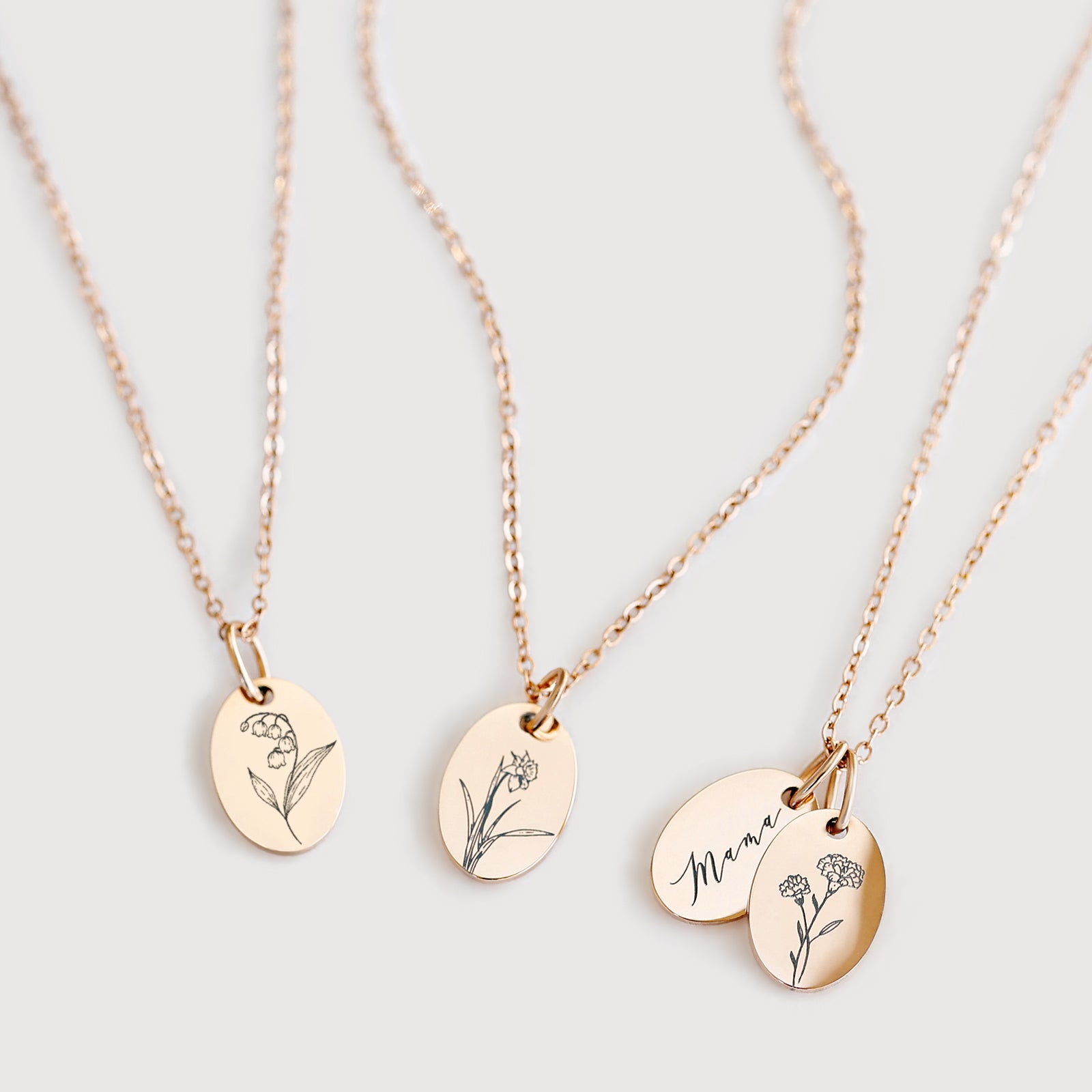 Geburtsblumen Halskette – Ovaler Anhänger mit Gravur