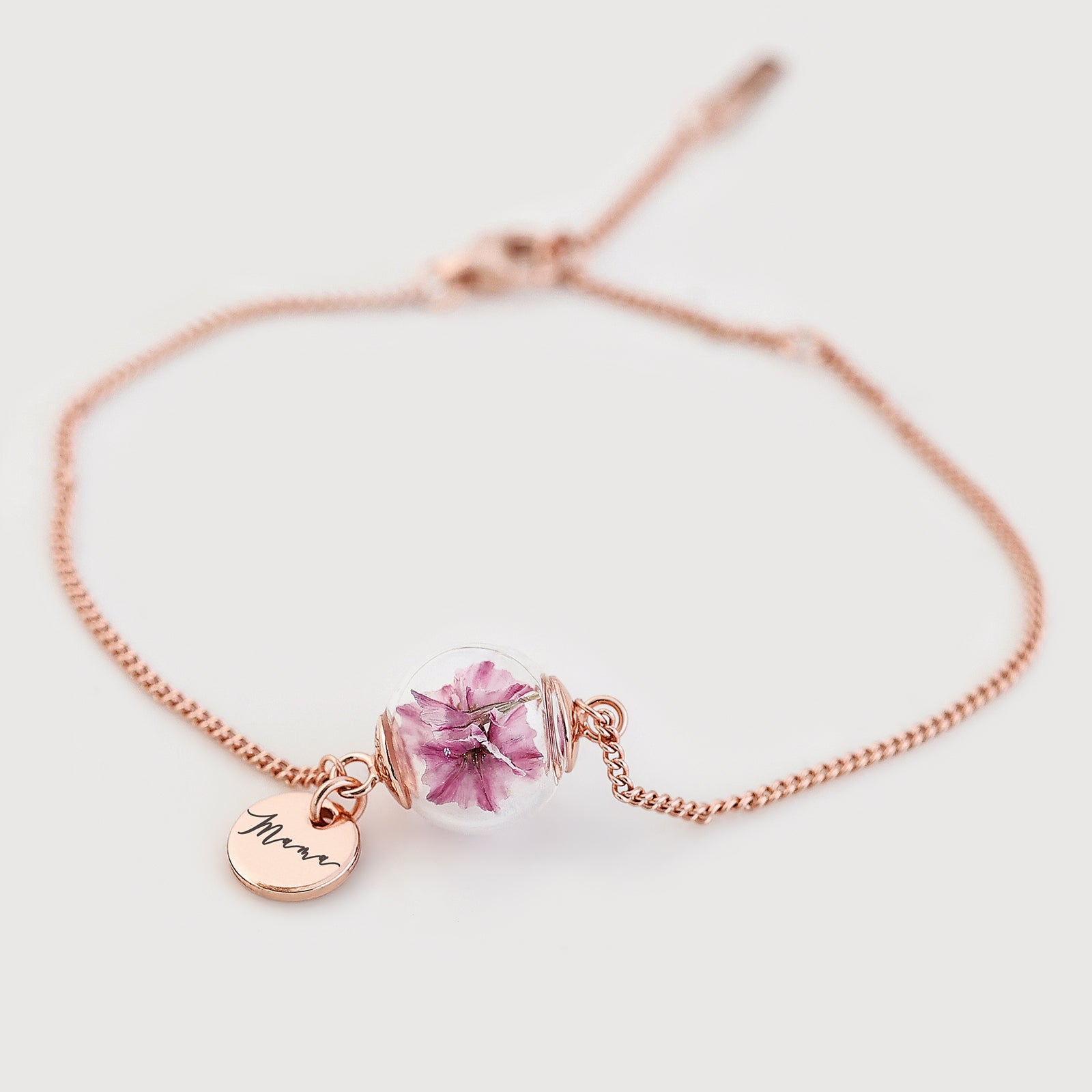 Armband mit echter Blume und Gravurplättchen - 925er Silber