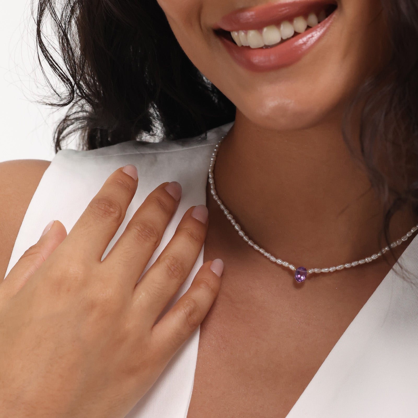 Halskette mit ovalem Amethyst & Süßwasserperlen - 925 Sterling Silber