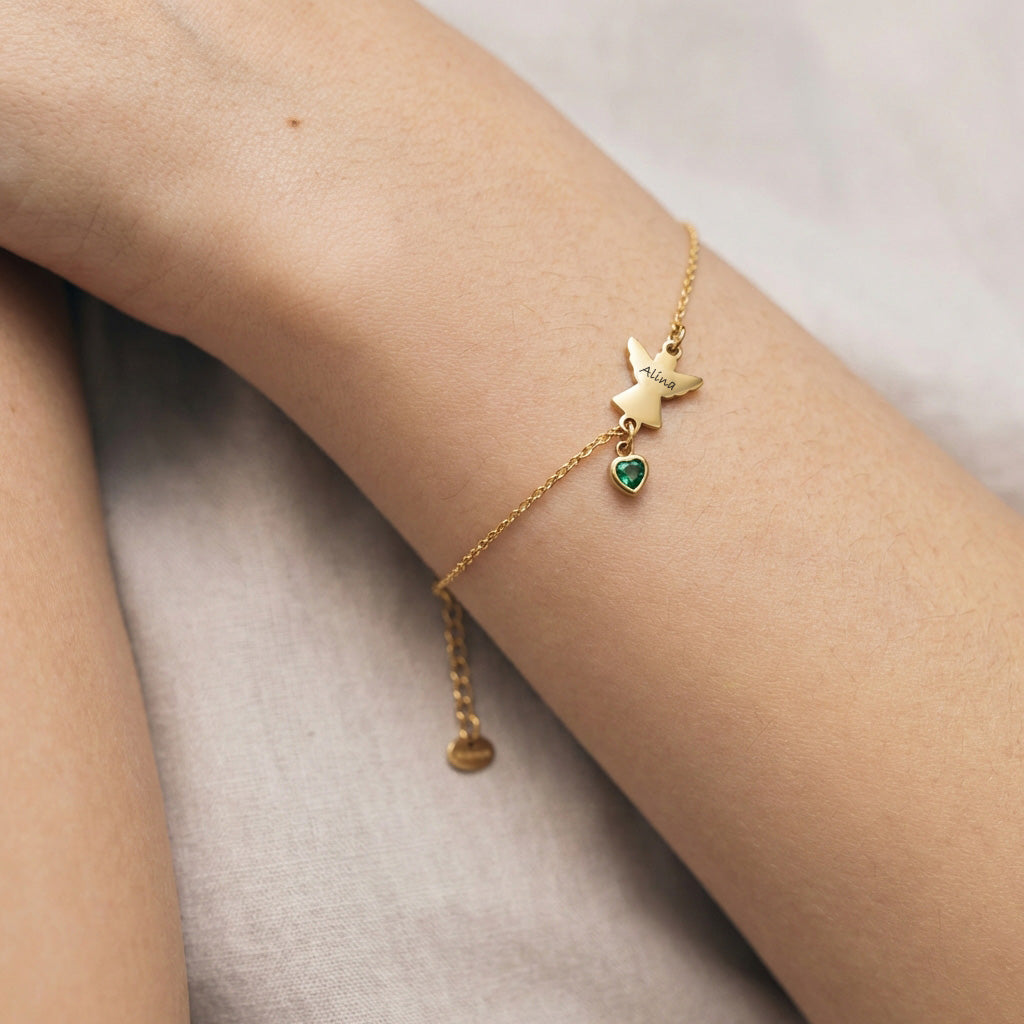 Engel Armband mit Zirkonia Geburtsstein - Geschenk zur Taufe mit Karte Kinder Armband VIVIANNASCHMUCK