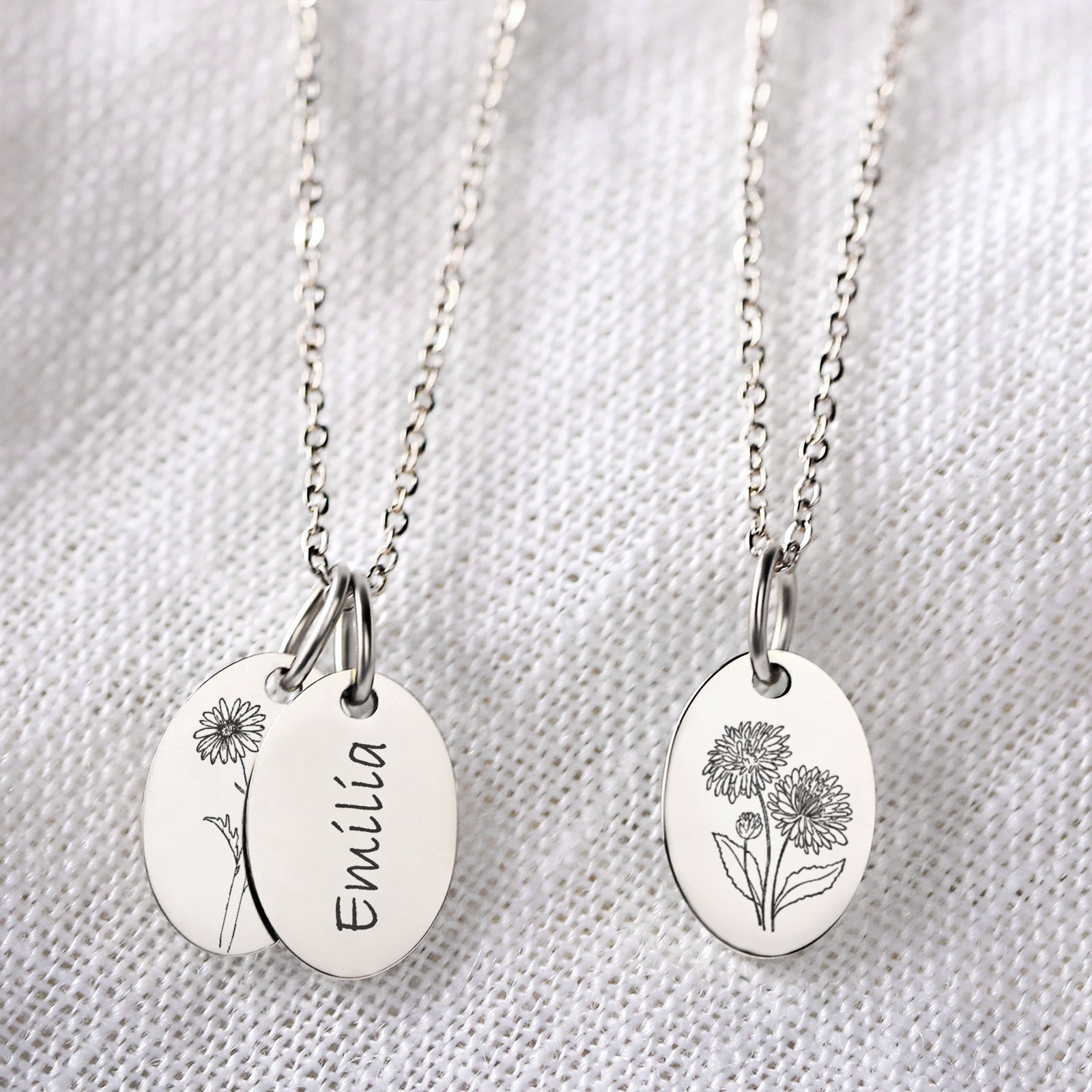 Geburtsblumen Halskette â Ovaler AnhĂ€nger mit Gravur