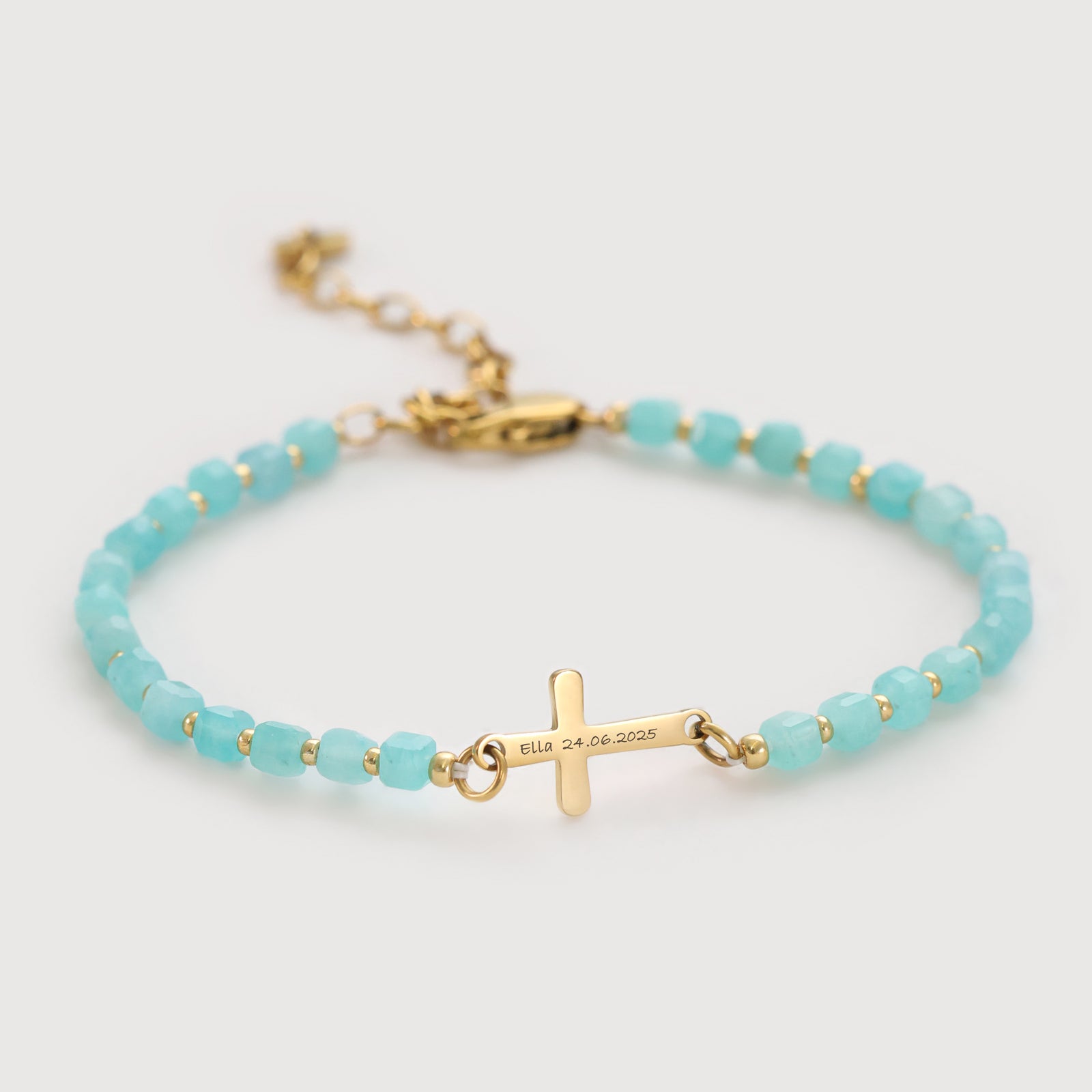 Amazonit-Perlenarmband mit personalisierbarem Kreuz