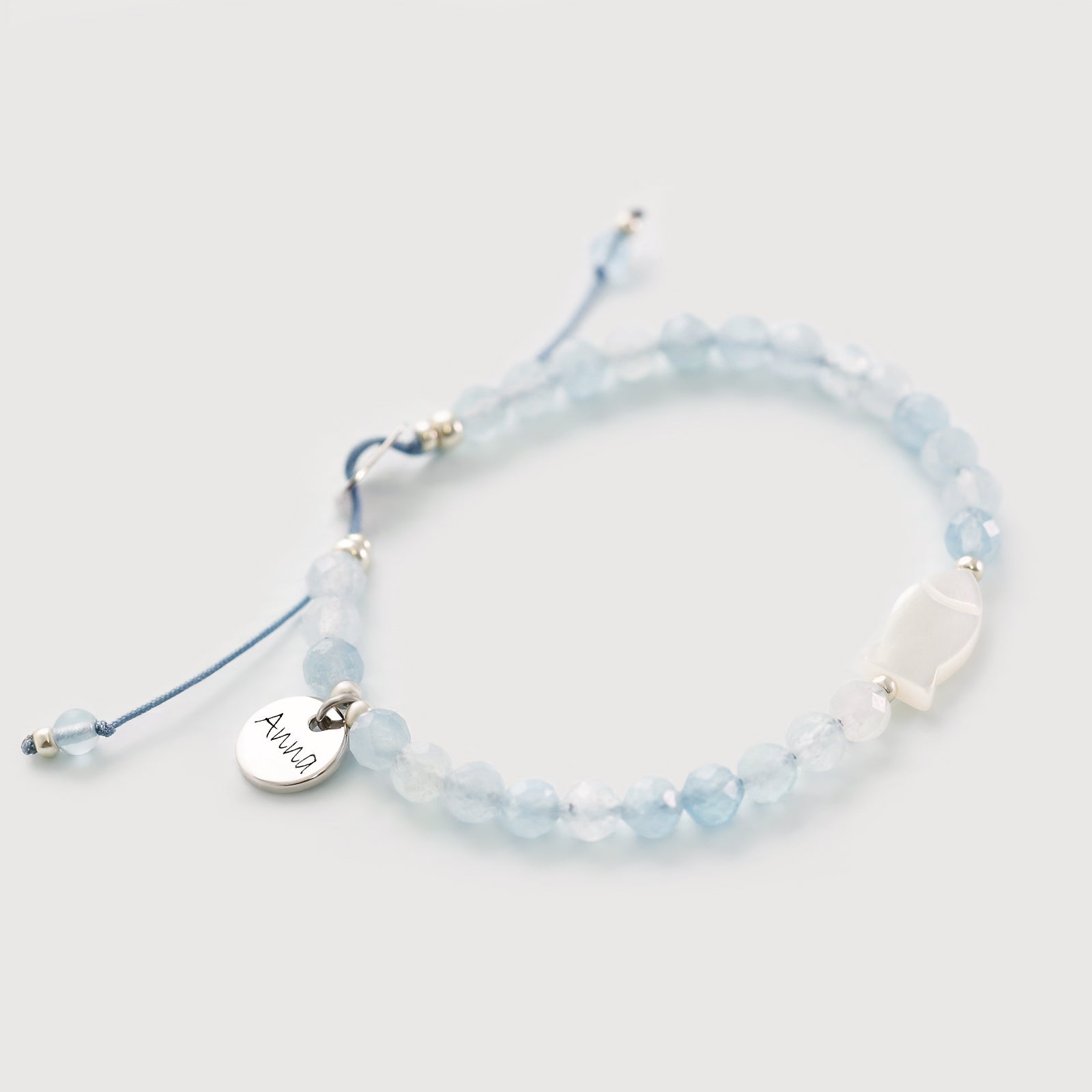 Aquamarin Perlmutt-Ichthys Armband - 925er Sterling Silber - Geschenk zur Kommunion mit Karte Kinder Armband VIVIANNASCHMUCK