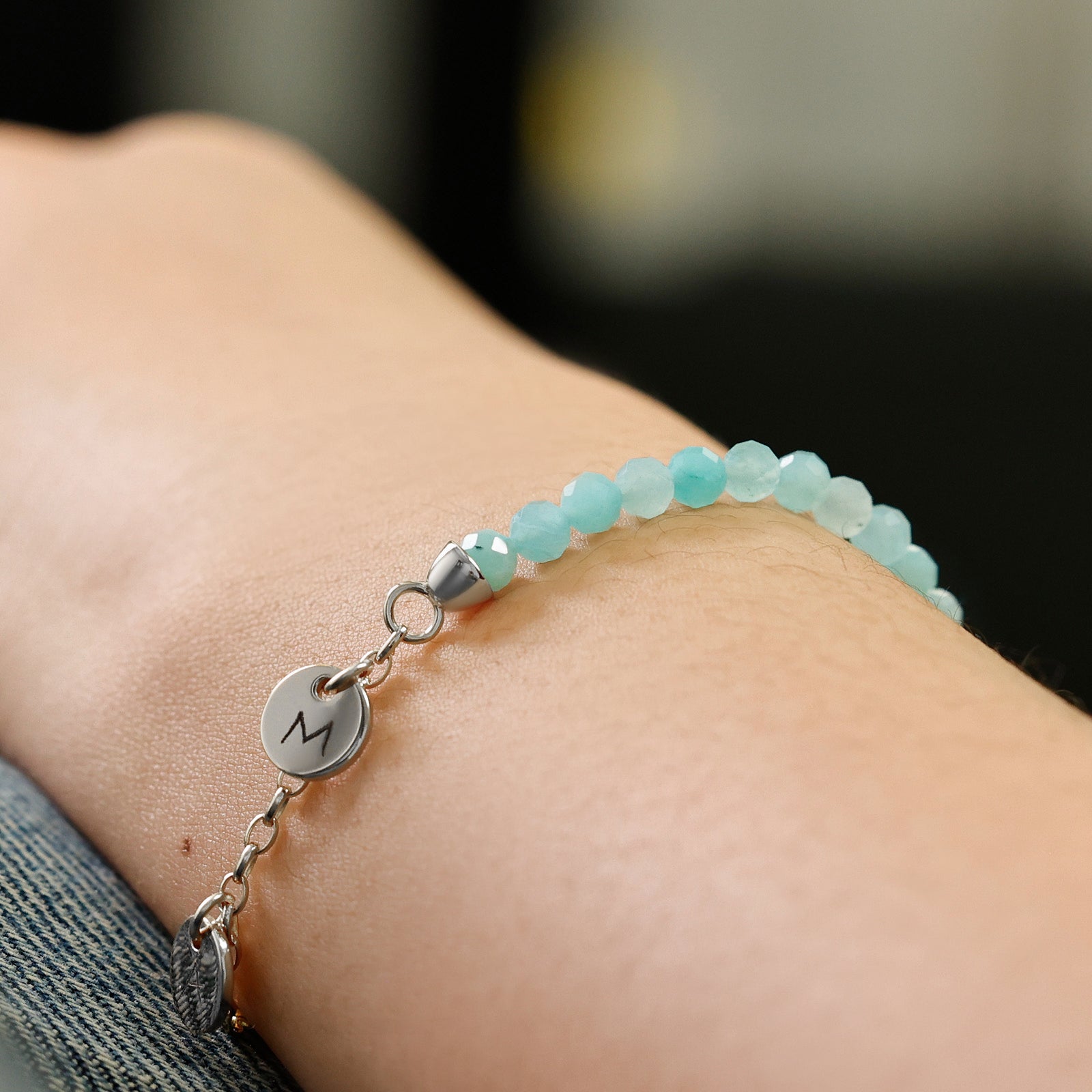 Amazonit-Armband mit personalisiertem Plättchen - 925er Sterling Silber