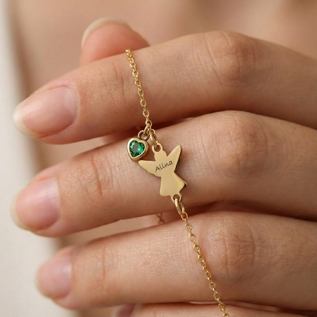 Engel Armband mit Zirkonia Geburtsstein - Geschenk zur Taufe mit Karte Kinder Armband VIVIANNASCHMUCK