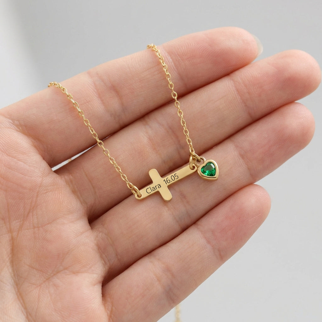 Kreuz Armband mit Zirkonia Geburtsstein - Geschenk zur Taufe mit Karte Kinder Armband VIVIANNASCHMUCK