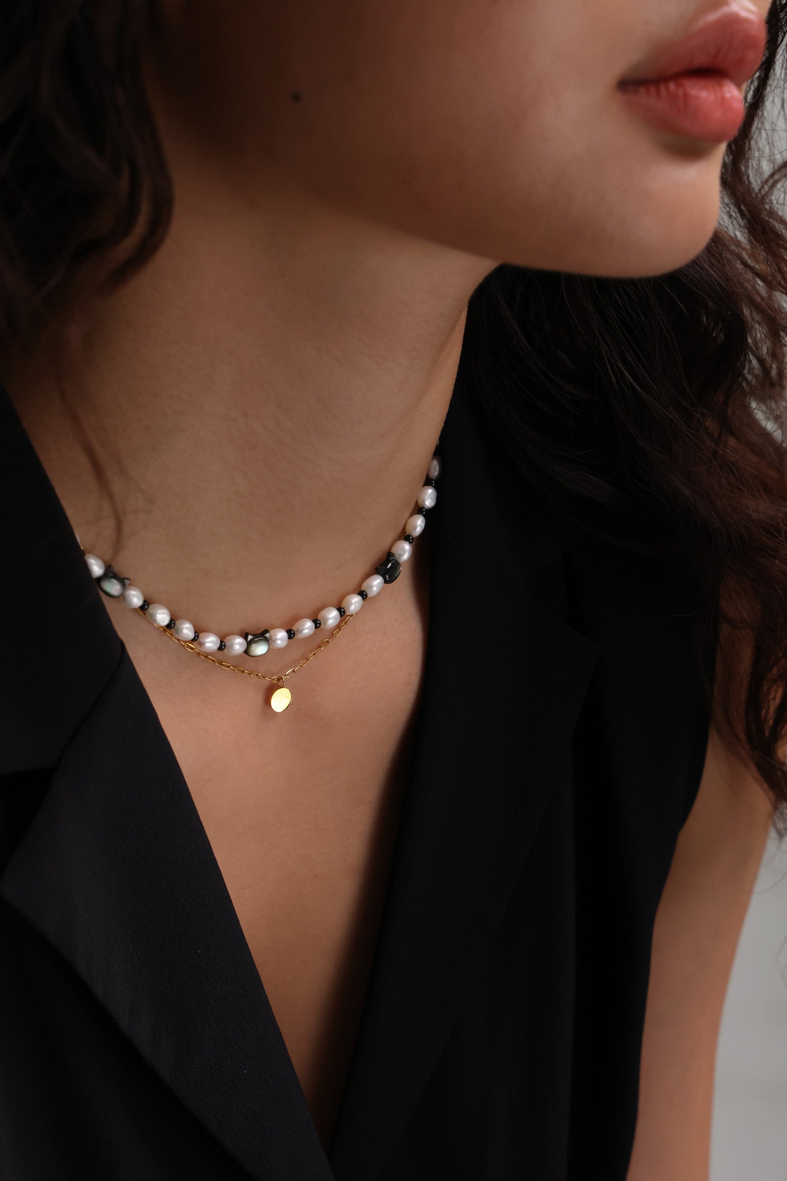 Katzen-Perlenkette mit Süßwasserperlen - 925er Sterling Silber