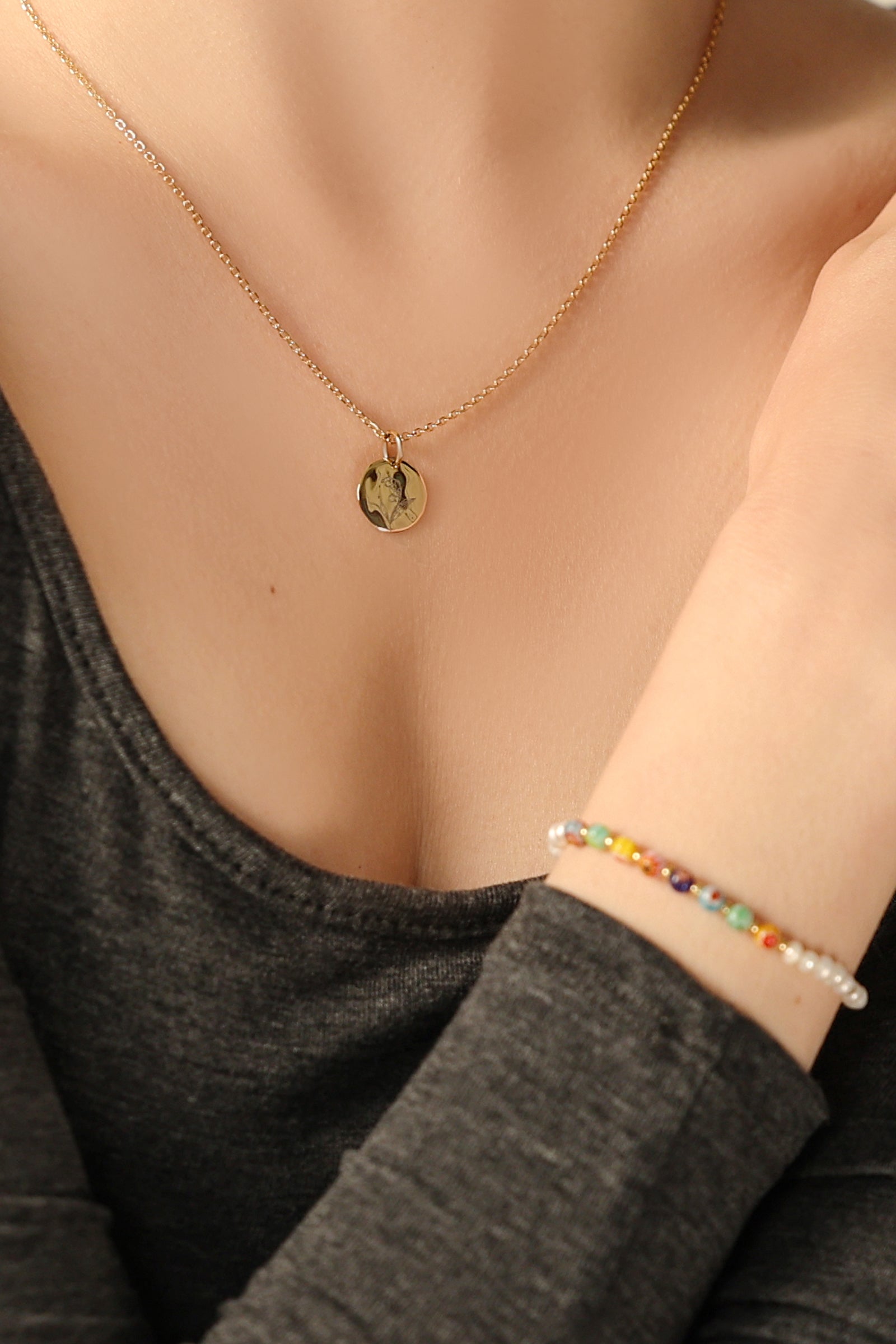 Geburtsblumen Kette mit Hammerschlagplättchen - 925er Sterling Silber