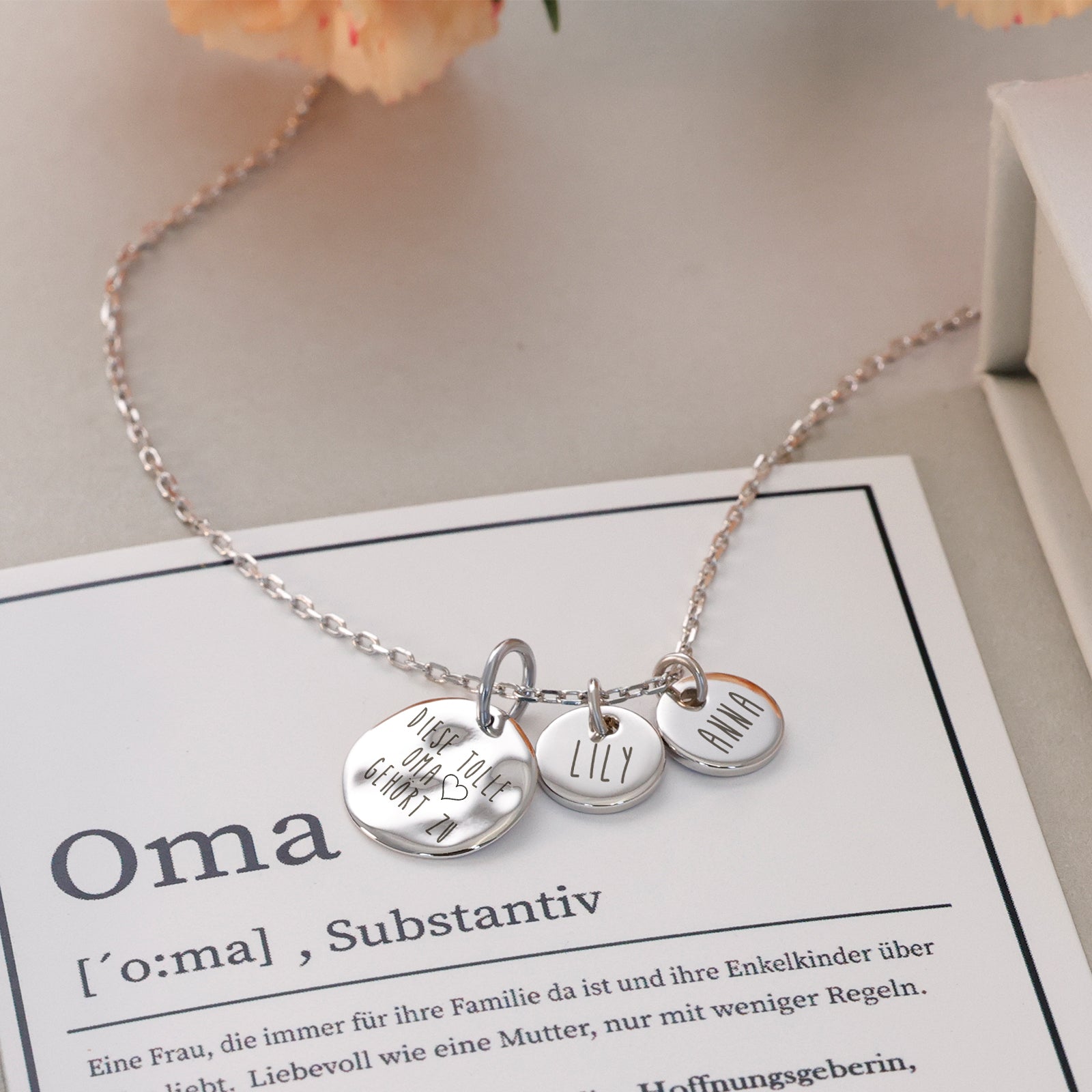Oma-Plättchenkette zum Kombinieren - 925er Sterling Silber - Geschenk fßr Oma mit Karte