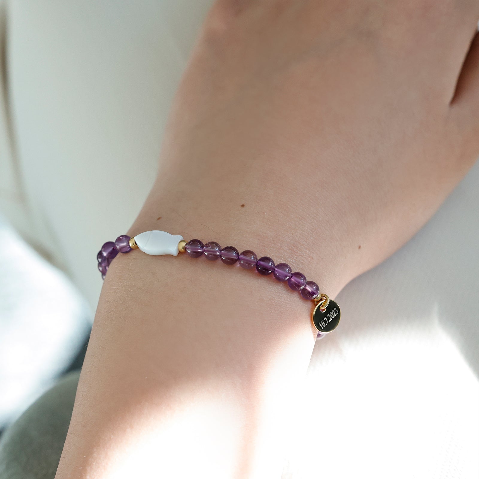 Amethyst Mother of Pearl Ichthys Bracelet - Confirmation Gift with Card - 925 Sterling Silver