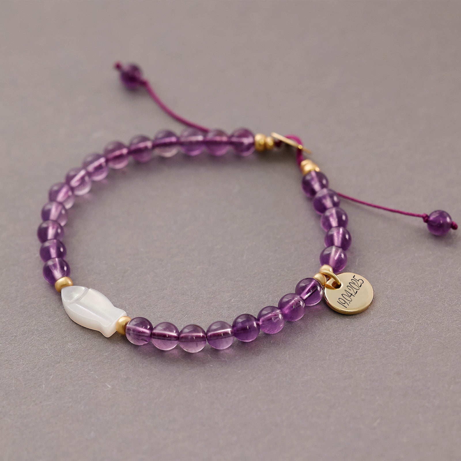 Amethyst Perlmutt-Ichthys Armband - 925er Sterling Silber - Geschenk zur Kommunion mit Karte