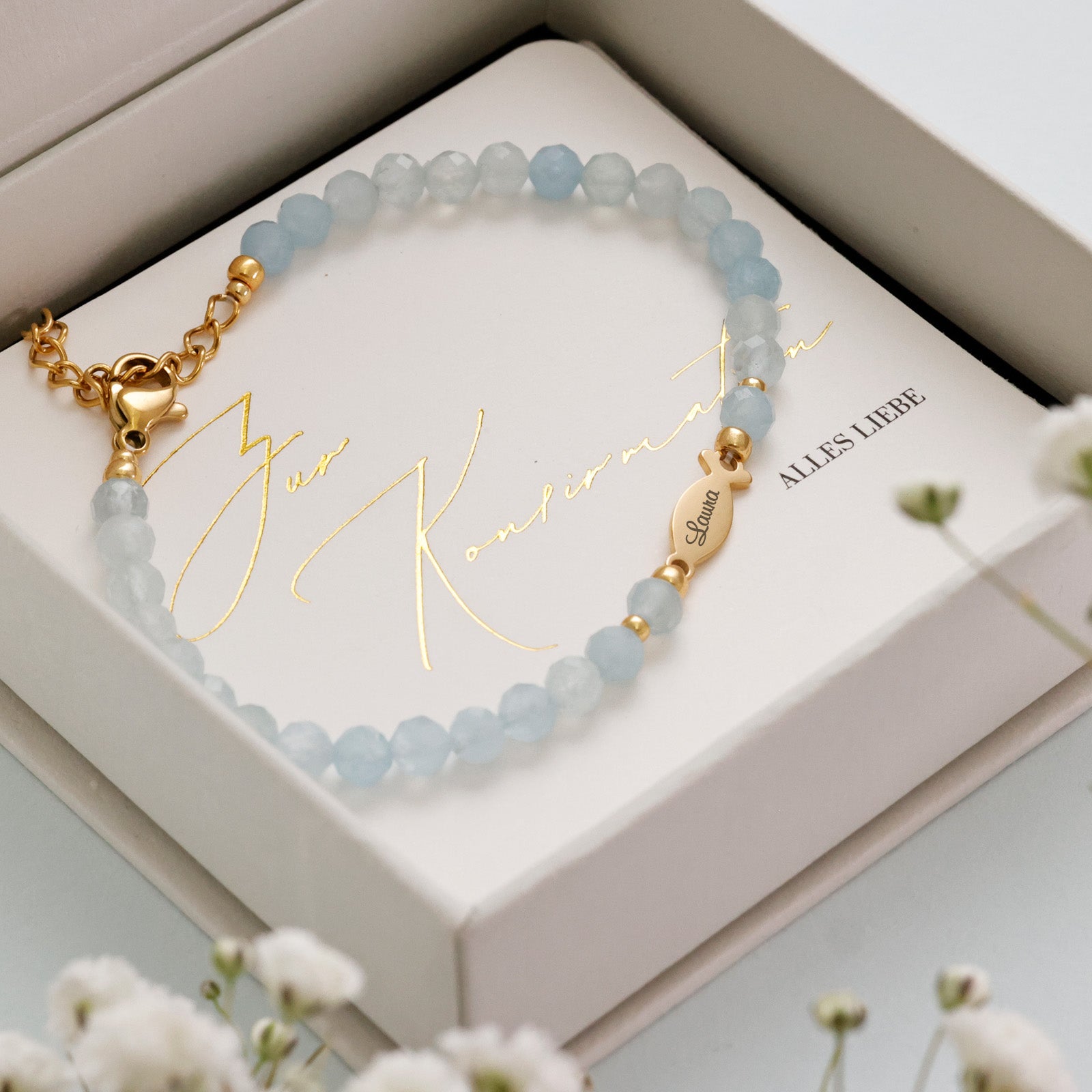 Aquamarin Ichthys-Armband - Geschenk zur Konfirmation mit Karte