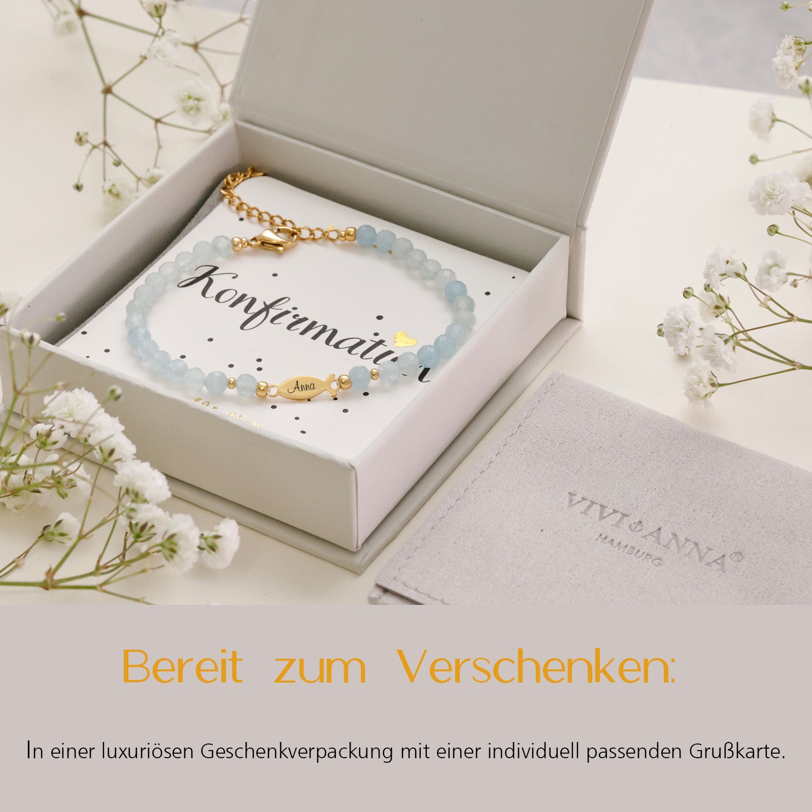 Aquamarin Ichthys-Armband - Geschenk zur Konfirmation mit Karte