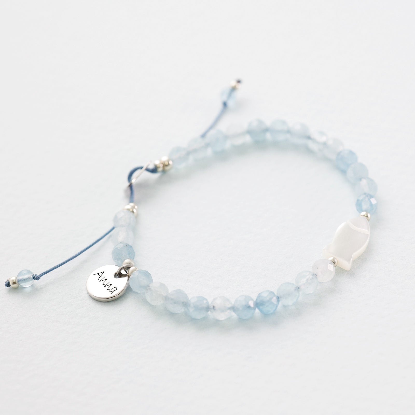 Aquamarin Perlmutt-Ichthys Armband - 925er Sterling Silber - Geschenk zur Kommunion mit Karte
