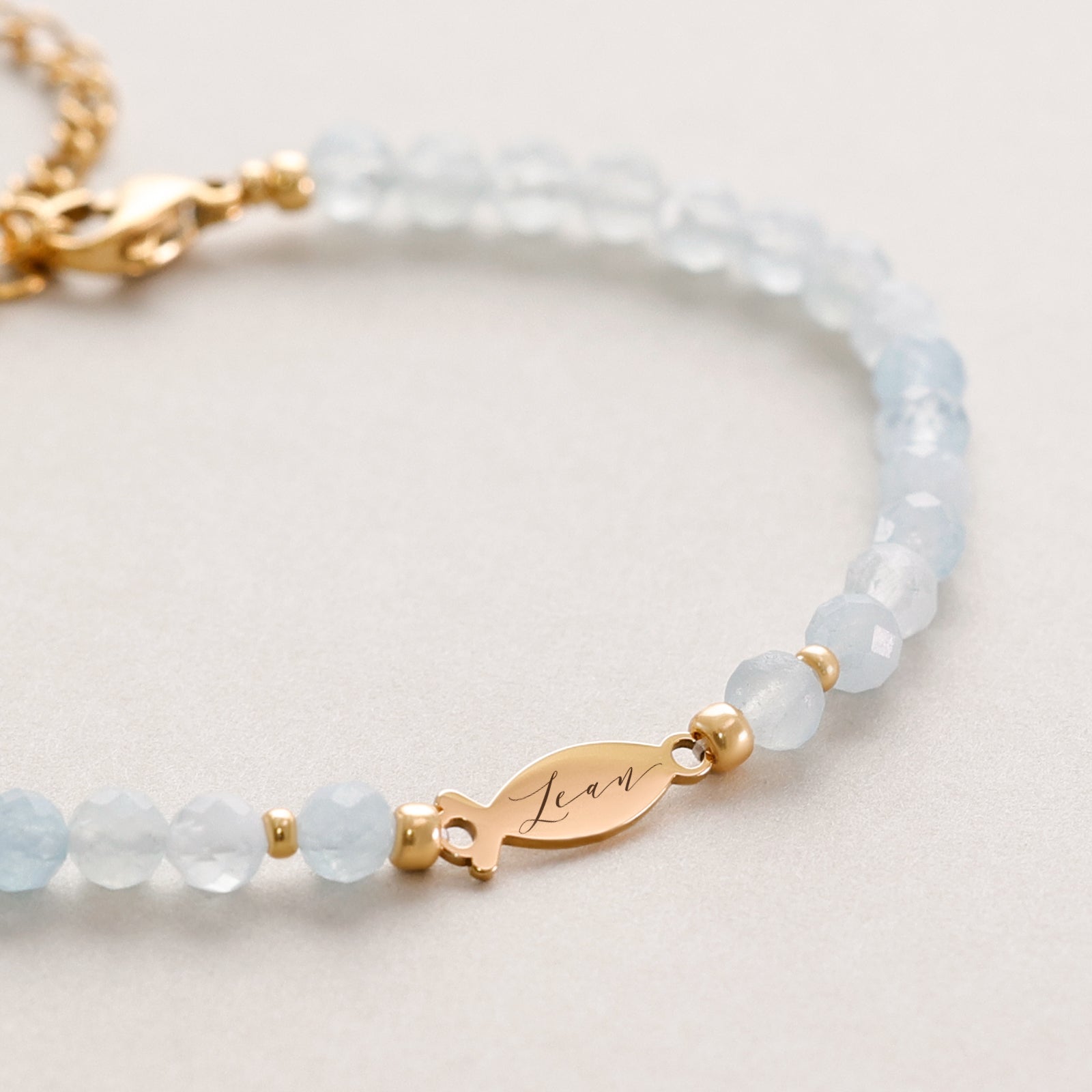 Aquamarin Ichthys Armband - Geschenk zur Kommunion mit Karte