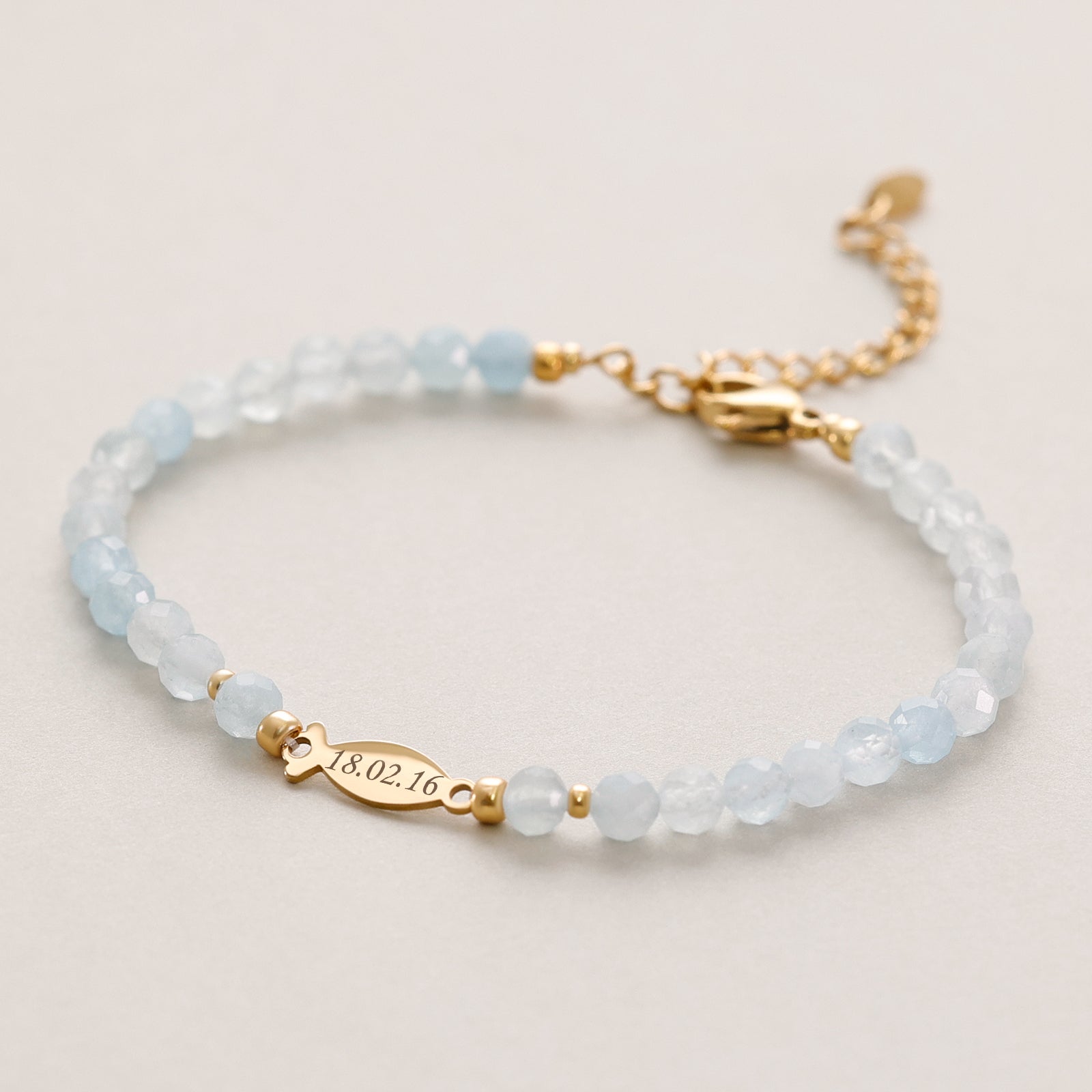 Aquamarin Ichthys Armband - Geschenk zur Kommunion mit Karte