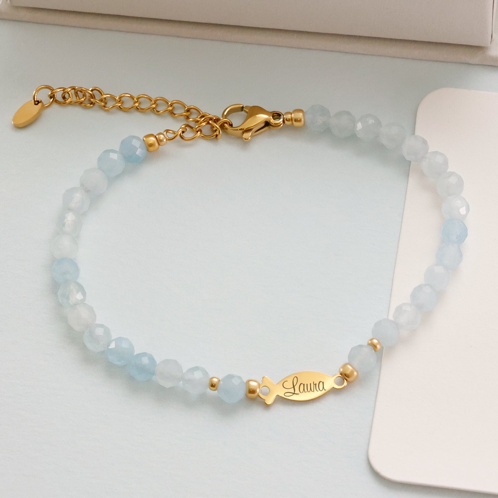 Aquamarin Ichthys Armband - Geschenk zur Kommunion mit Karte Kinder Armband VIVIANNASCHMUCK
