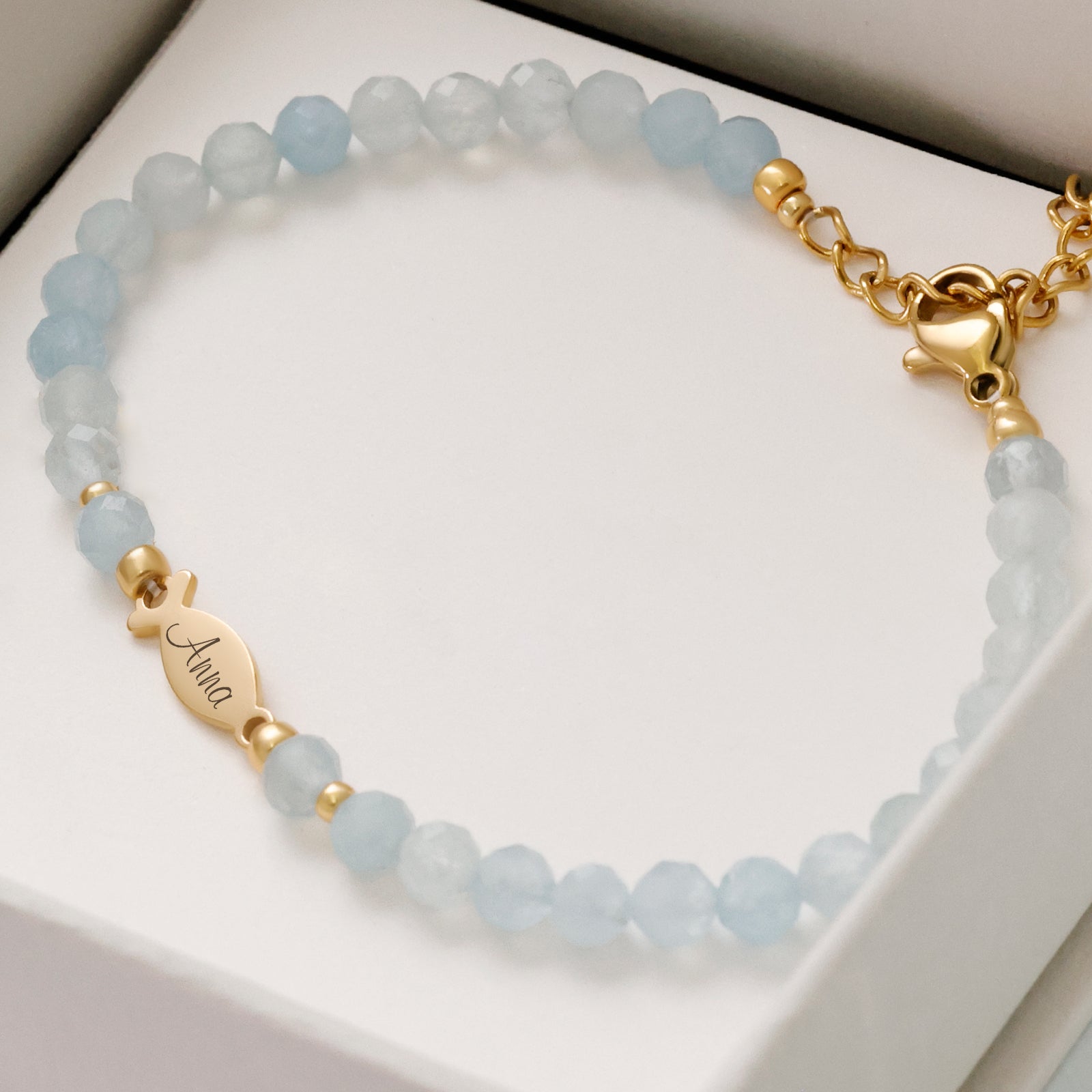 Aquamarin Ichthys Armband - Geschenk zur Kommunion mit Karte Kinder Armband VIVIANNASCHMUCK