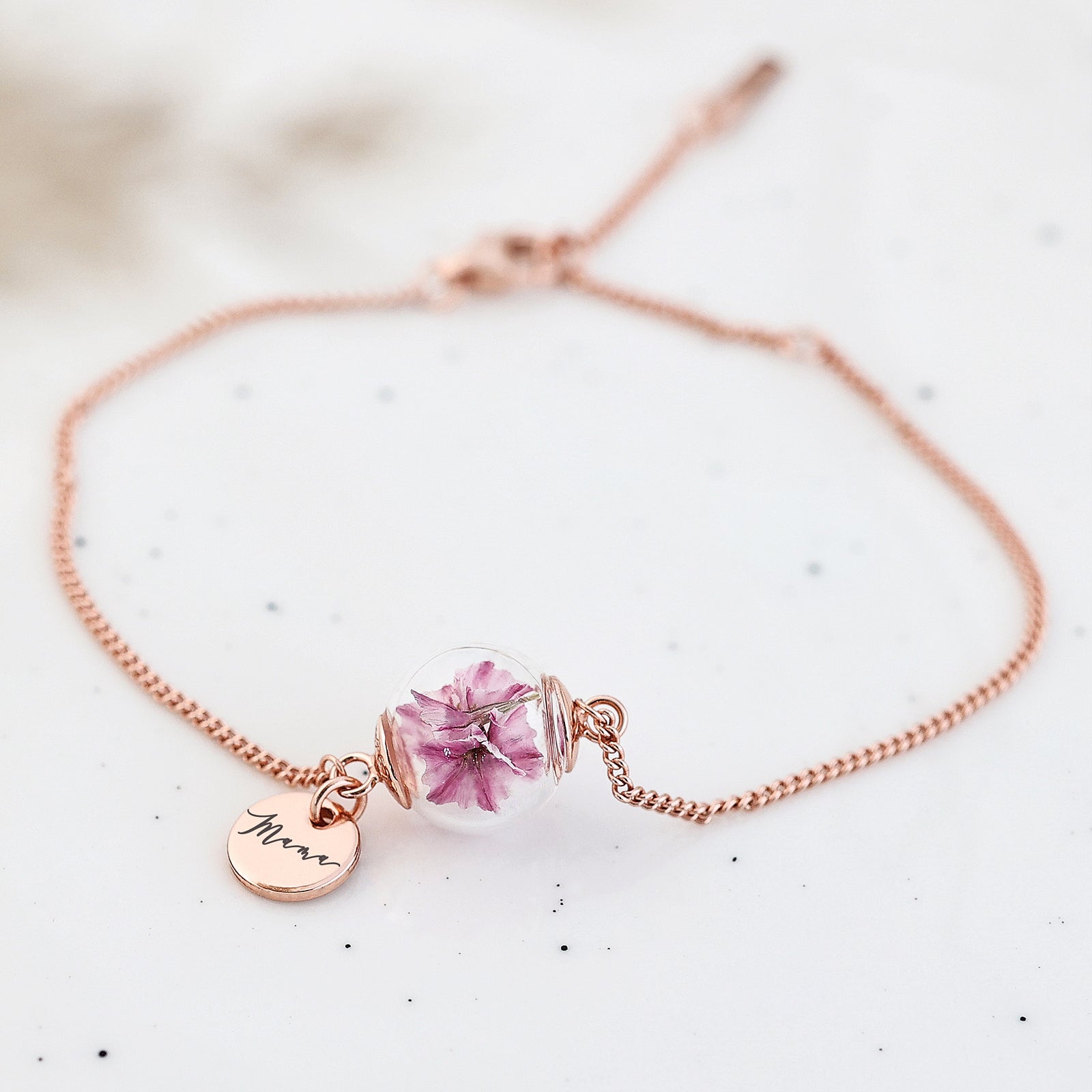 Armband mit echter Blume und Gravurplättchen - 925er Silber