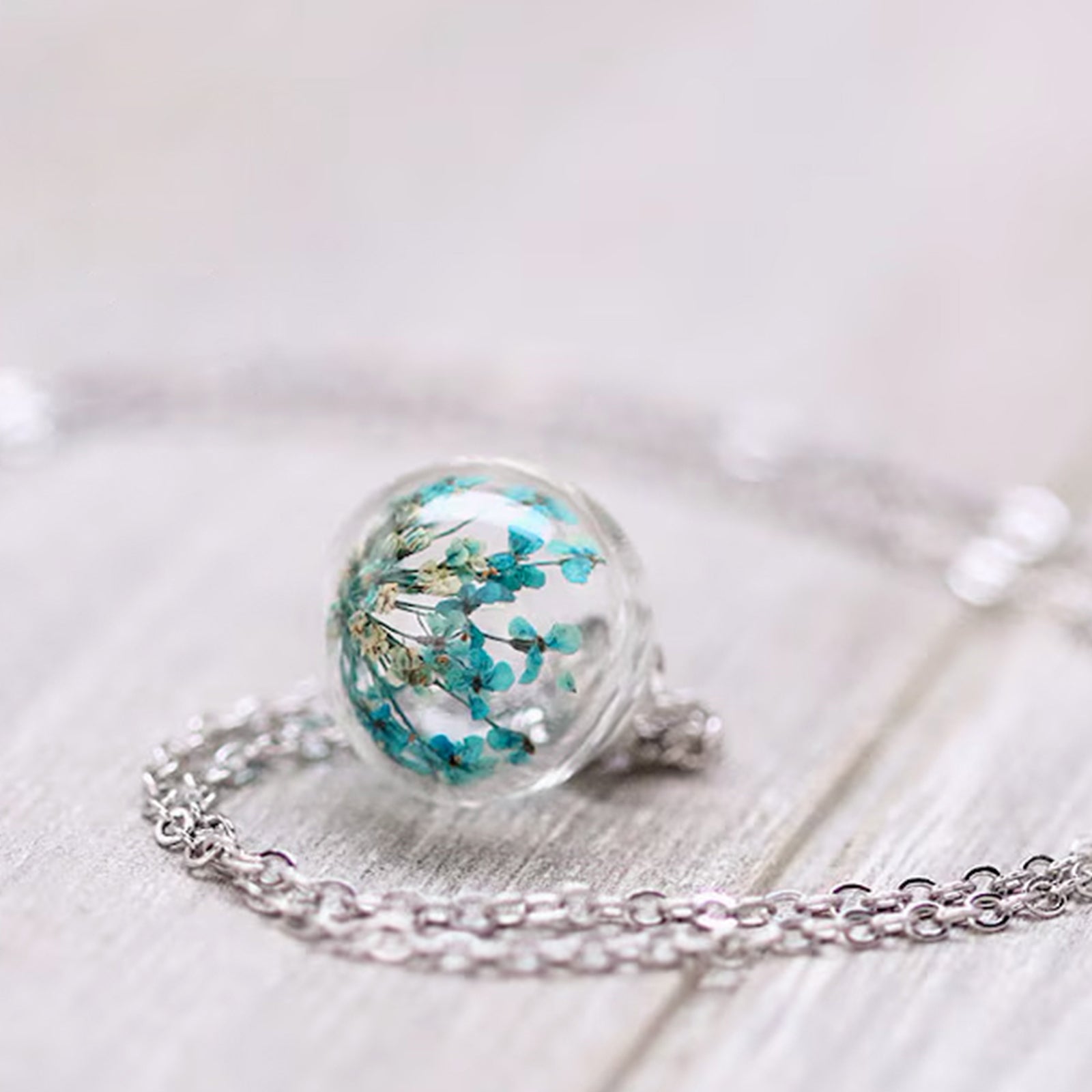 Personalized necklace with real turquoise dill flower