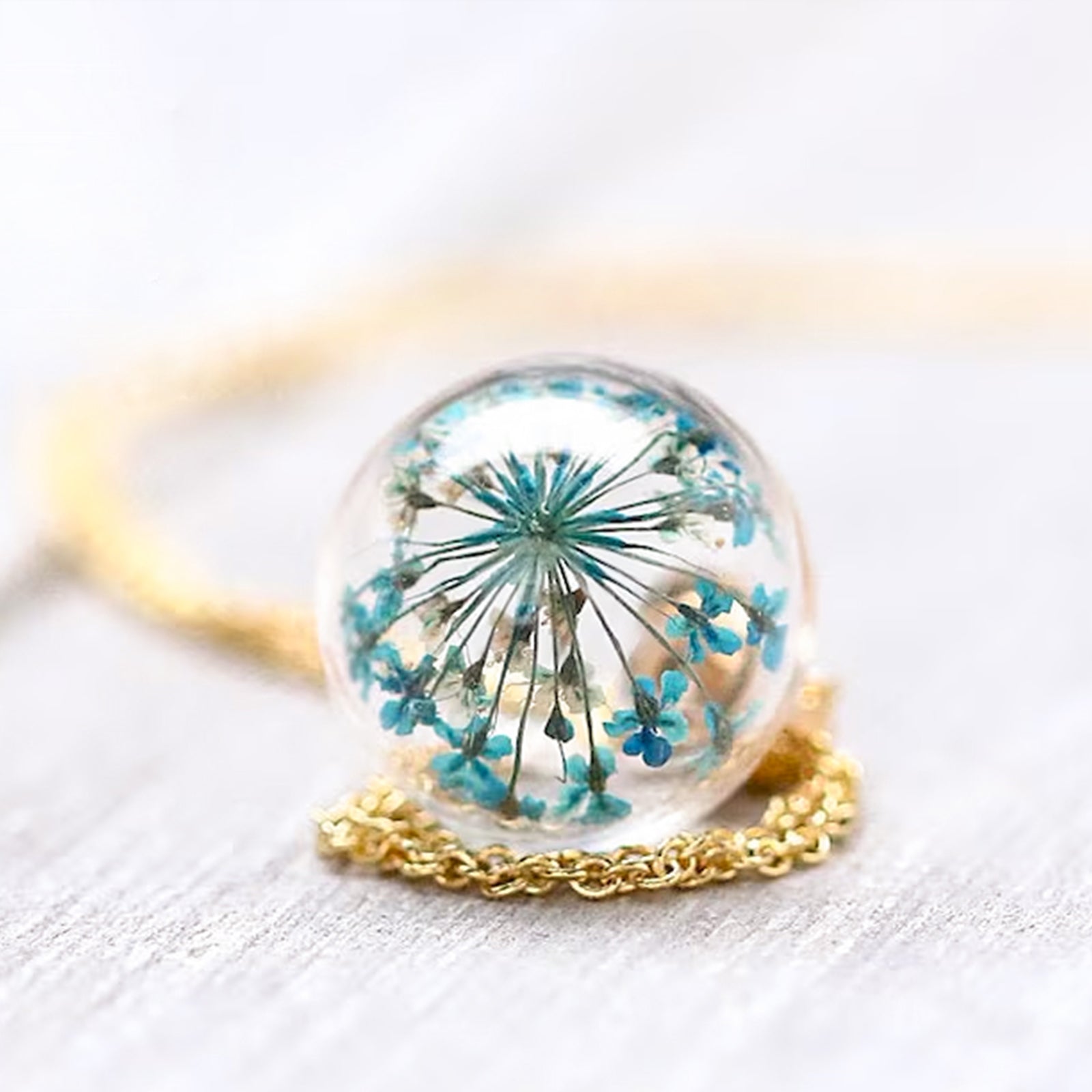 Personalized necklace with real turquoise dill flower