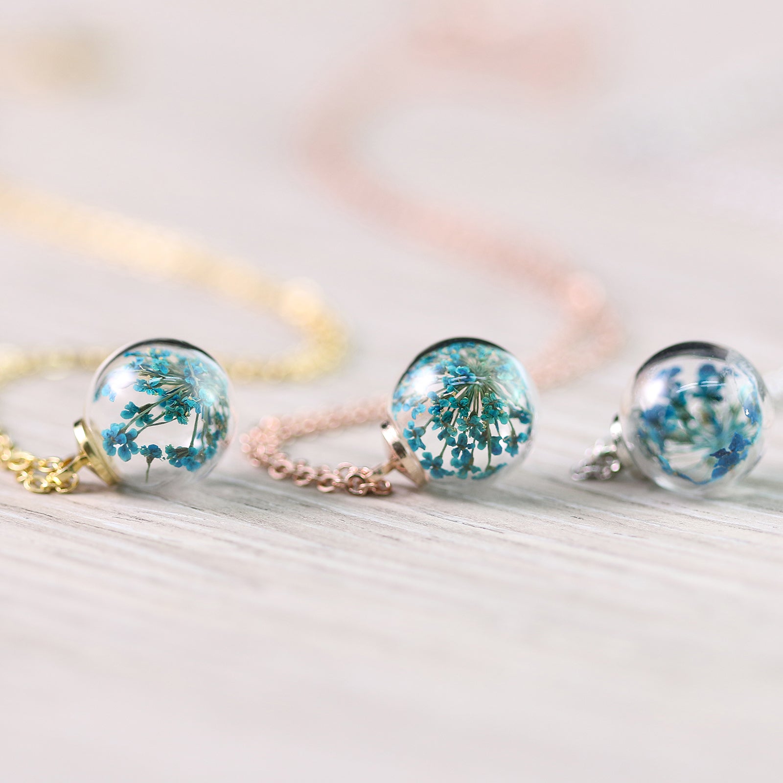 Personalized necklace with real turquoise dill flower