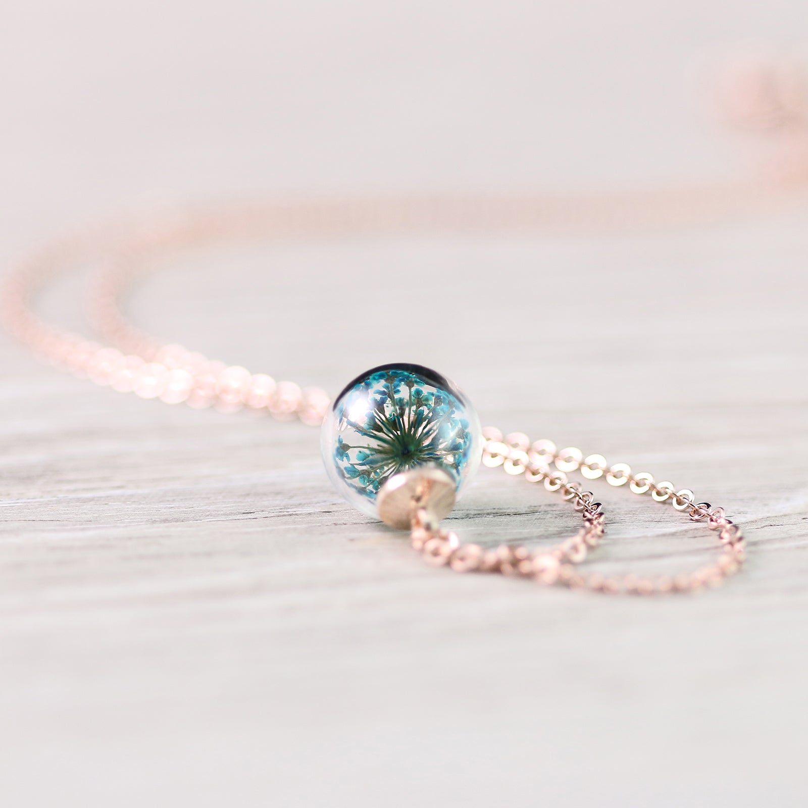 Personalized necklace with real turquoise dill flower