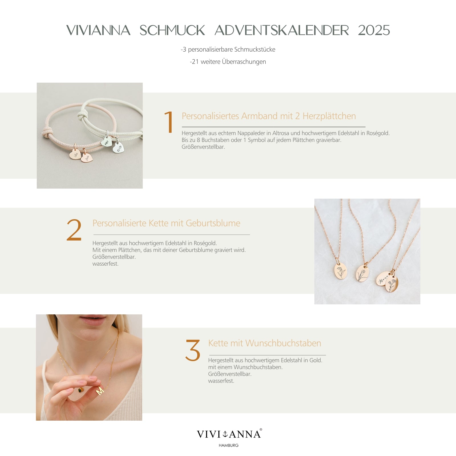 Adventskalender 2024 - Personalisierter VIVIANNA limitierter Schmuck - 3 personalisierte Schmuckstück + 21 Überraschungen - AV001 - VIVIANNASCHMUCK