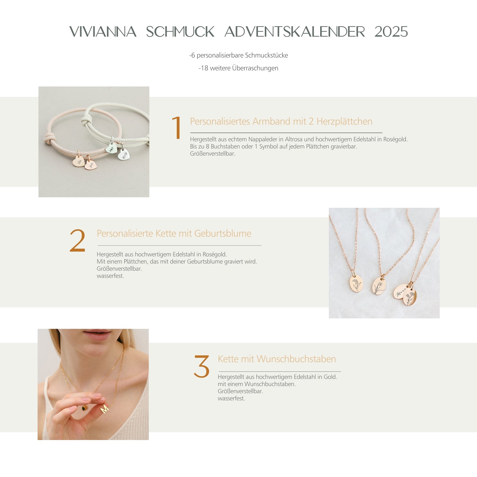 Adventskalender 2024 - Personalisierter VIVIANNA limitierter Schmuck - 6 personalisierte Schmuckstück + 18 Überraschungen - AV002 - VIVIANNASCHMUCK