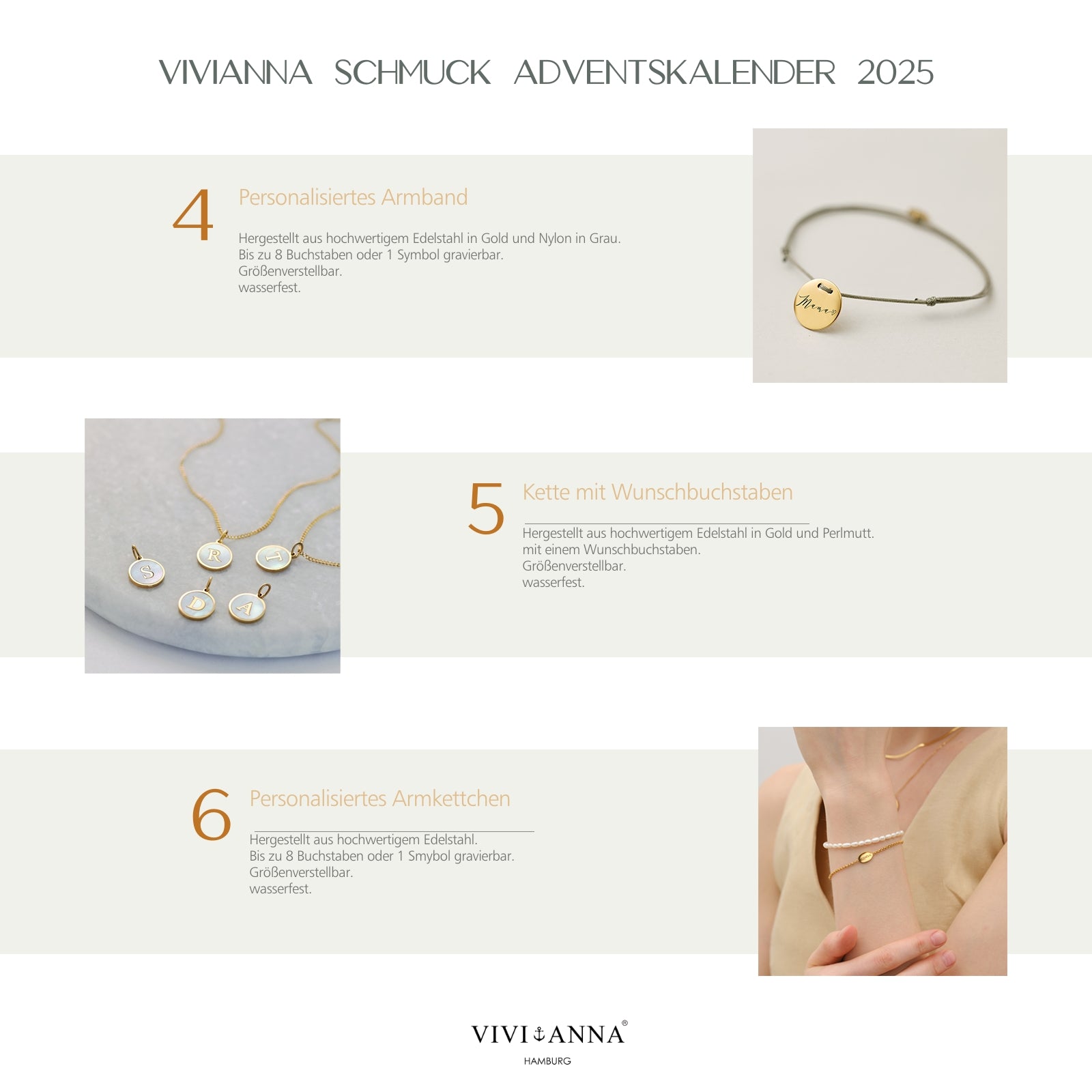 Adventskalender 2024 - Personalisierter VIVIANNA limitierter Schmuck - 6 personalisierte Schmuckstück + 18 Überraschungen - AV002 - VIVIANNASCHMUCK