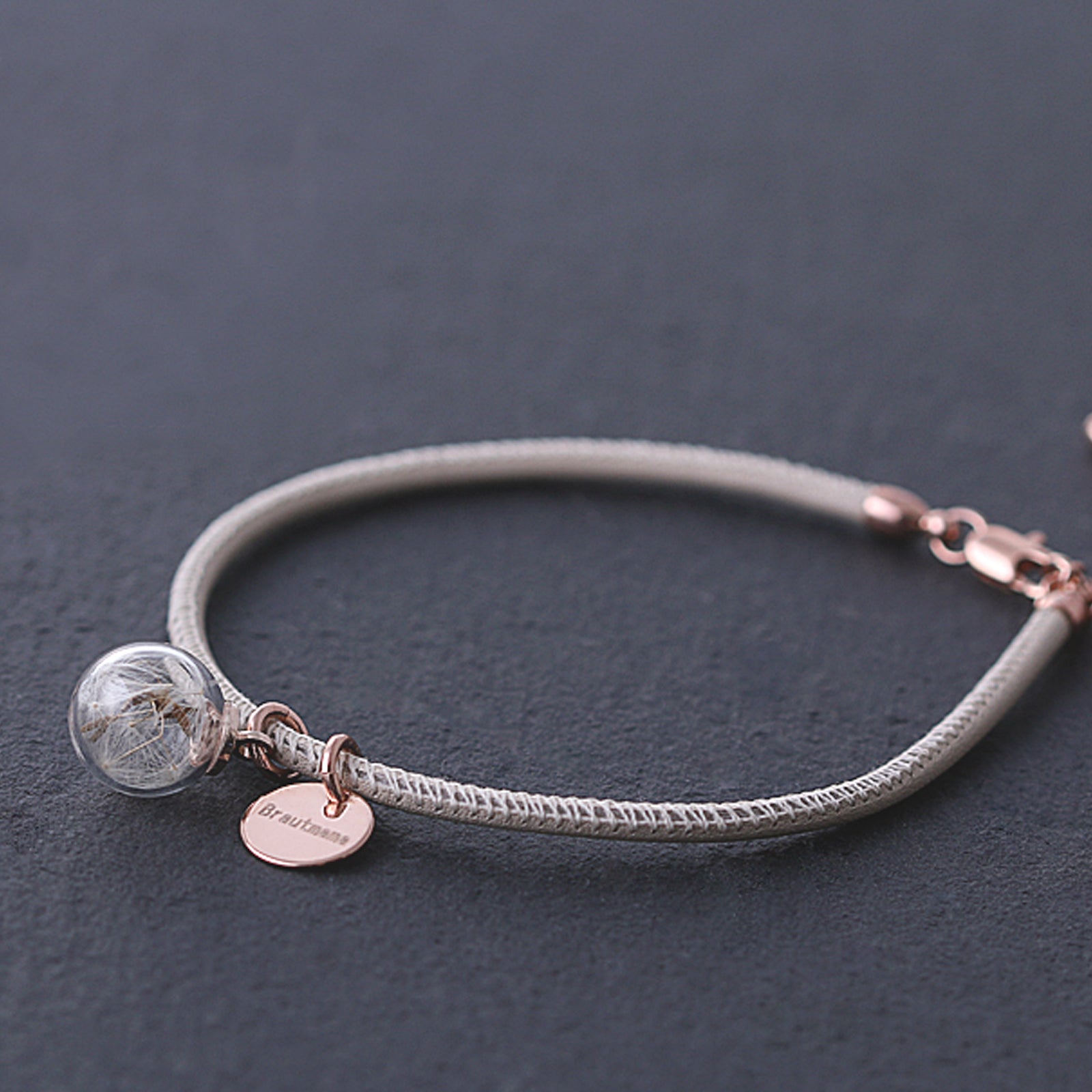 Personalized leather bracelet with engraving - keepsake gift - dandelion glass ball - rose gold, gold, silver - gift for her - A138