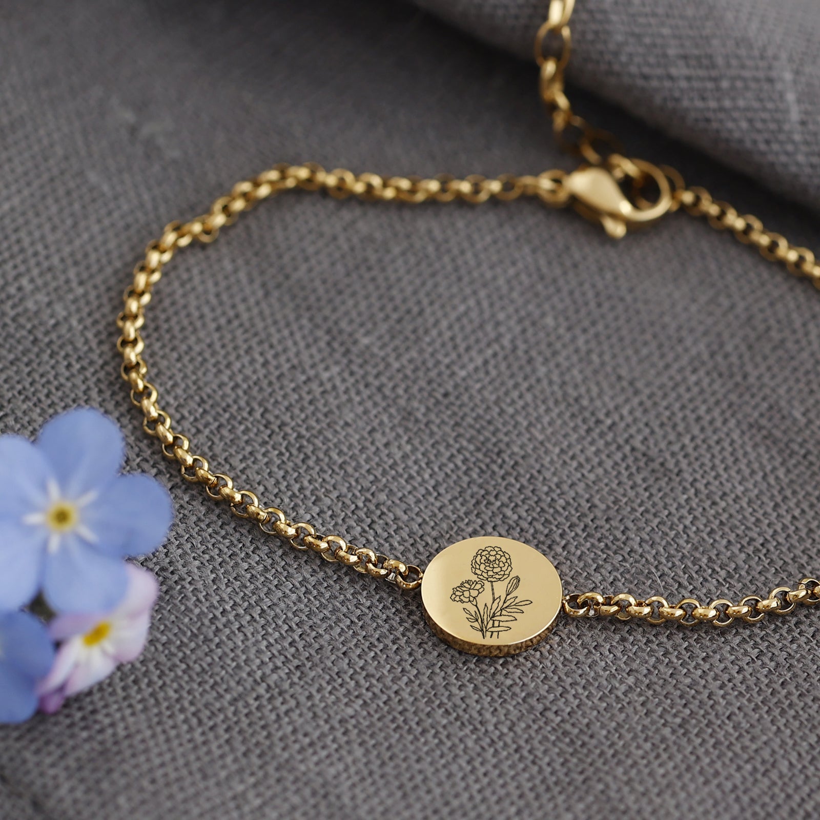 Geburtsblumen Armband mit rundem Plättchen